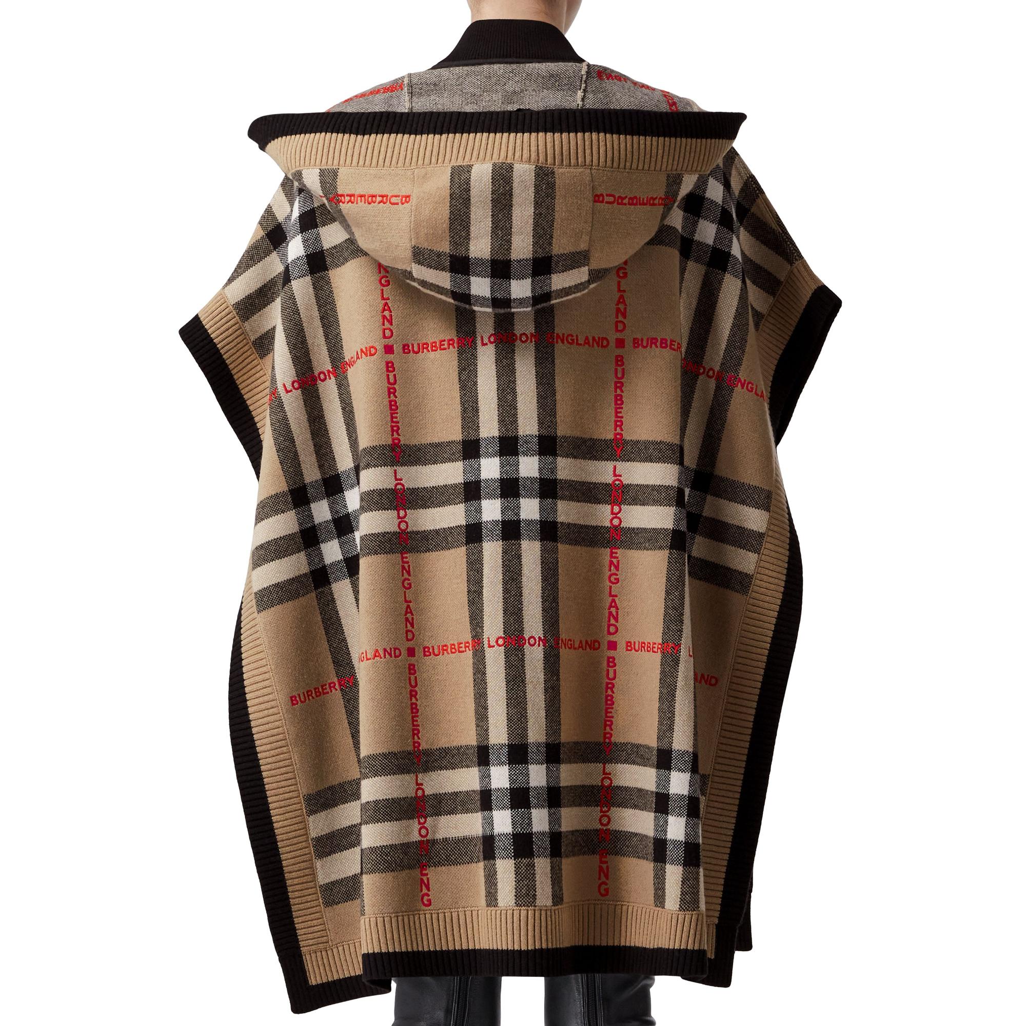 체크 울 캐시미어 후드 케이프