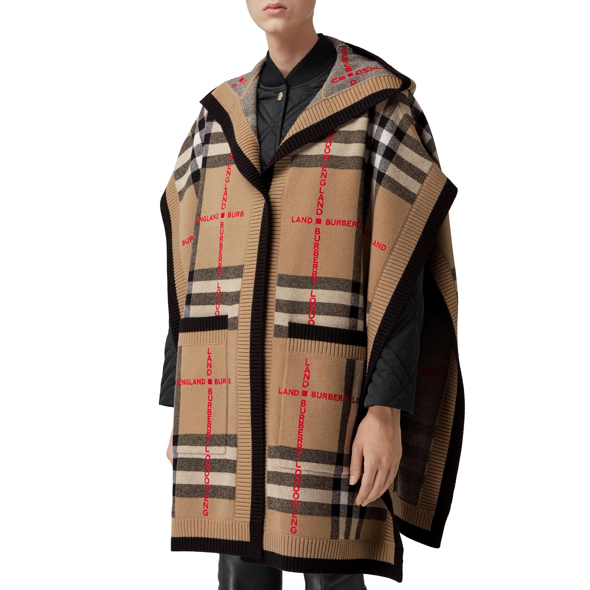 체크 울 캐시미어 후드 케이프