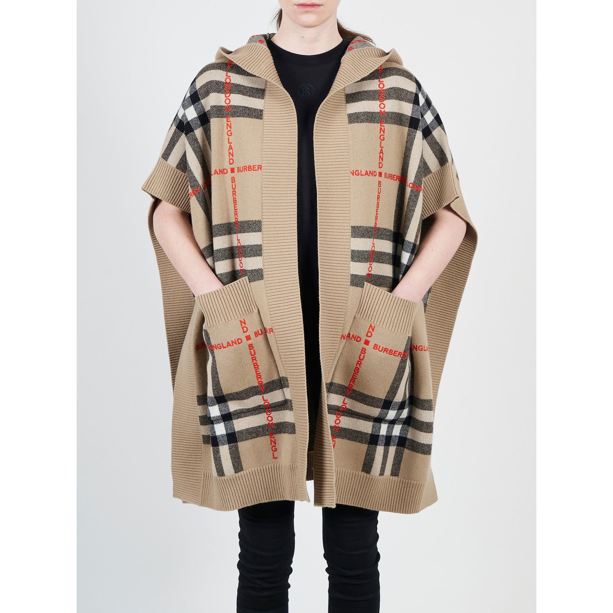 체크 울 캐시미어 후드 케이프