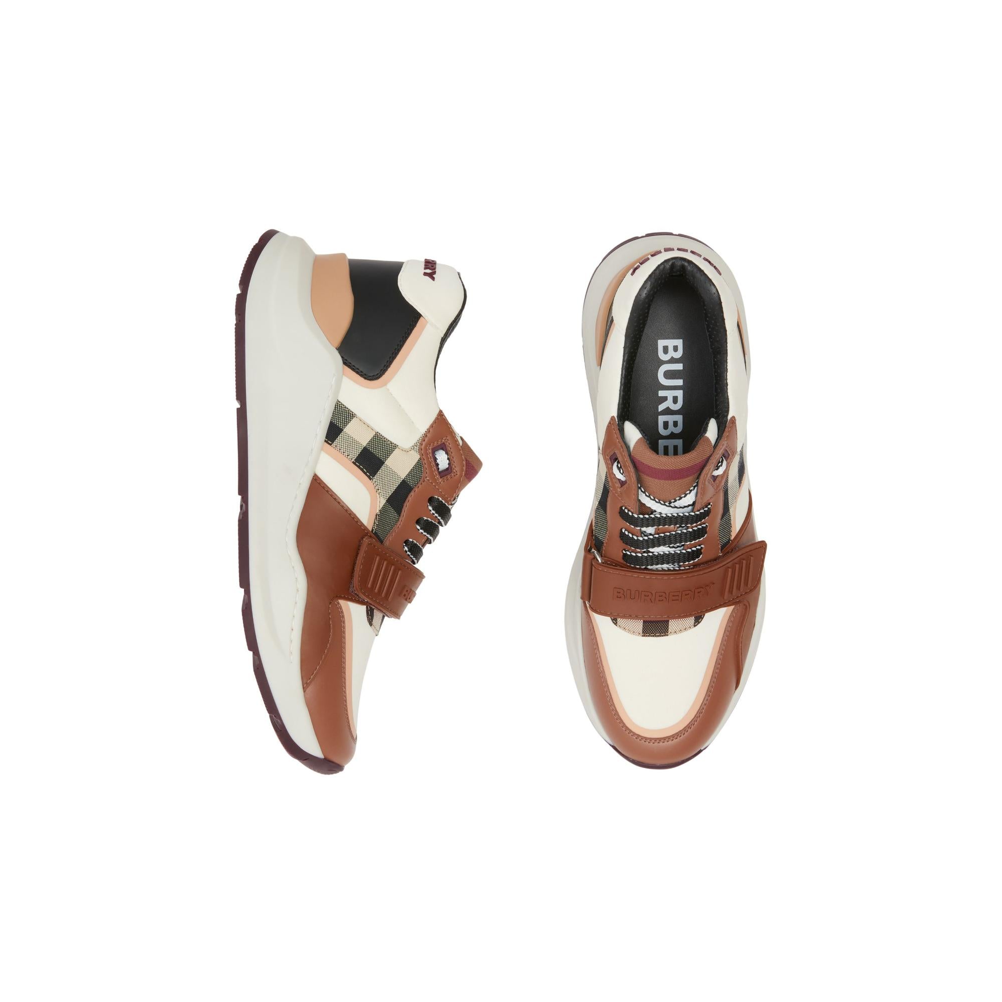 체크 코튼 나일론 레더 스니커즈