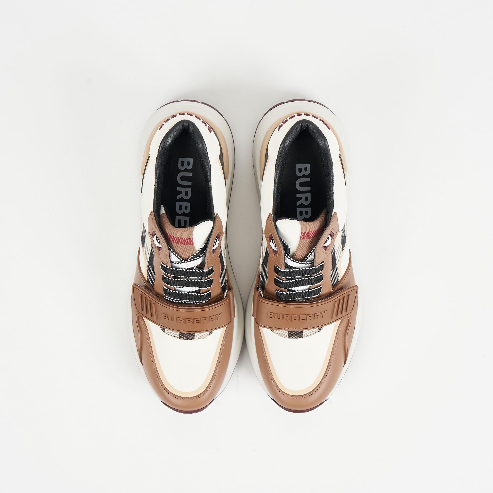 체크 코튼 나일론 레더 스니커즈