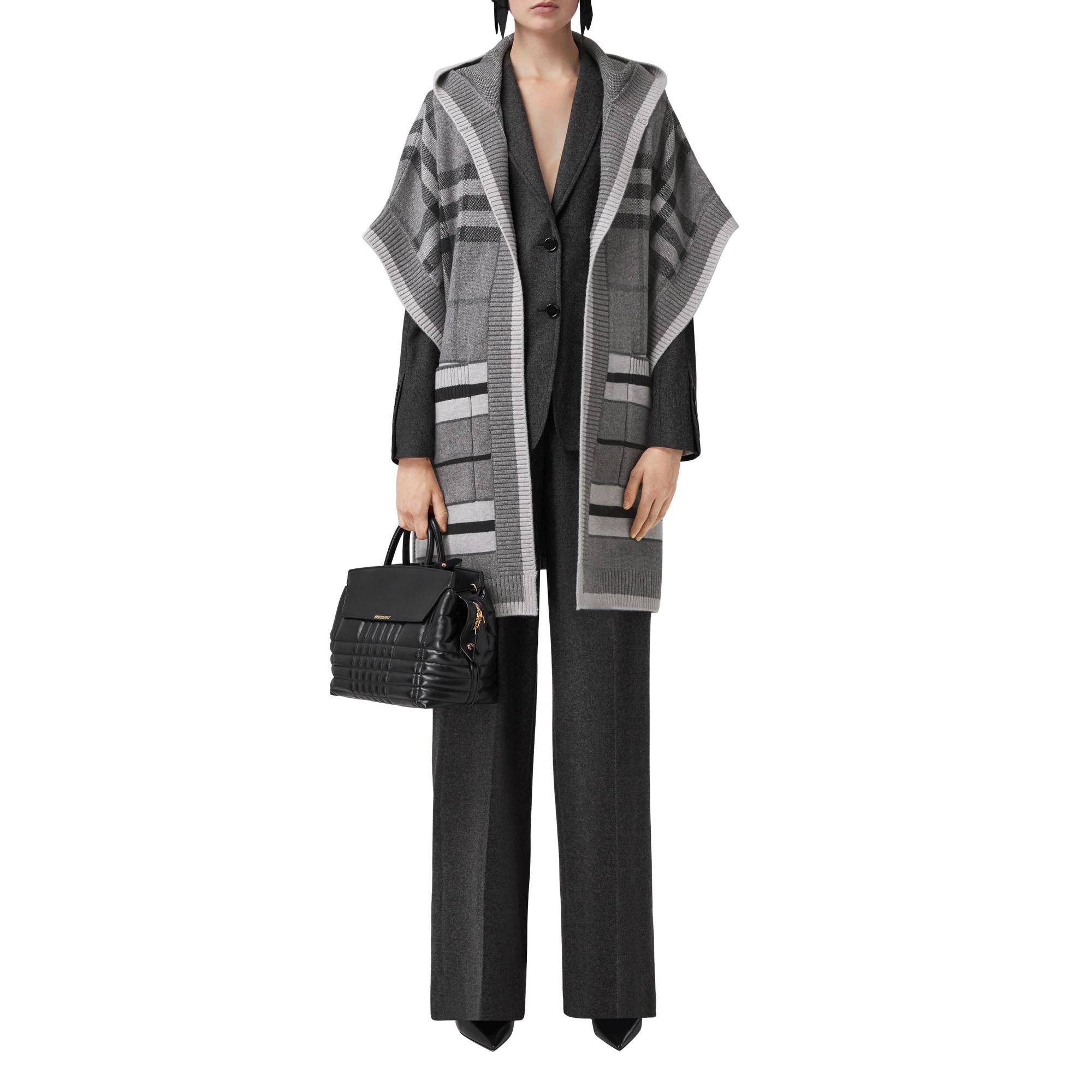 체크 울 캐시미어 블렌드 후드 케이프
