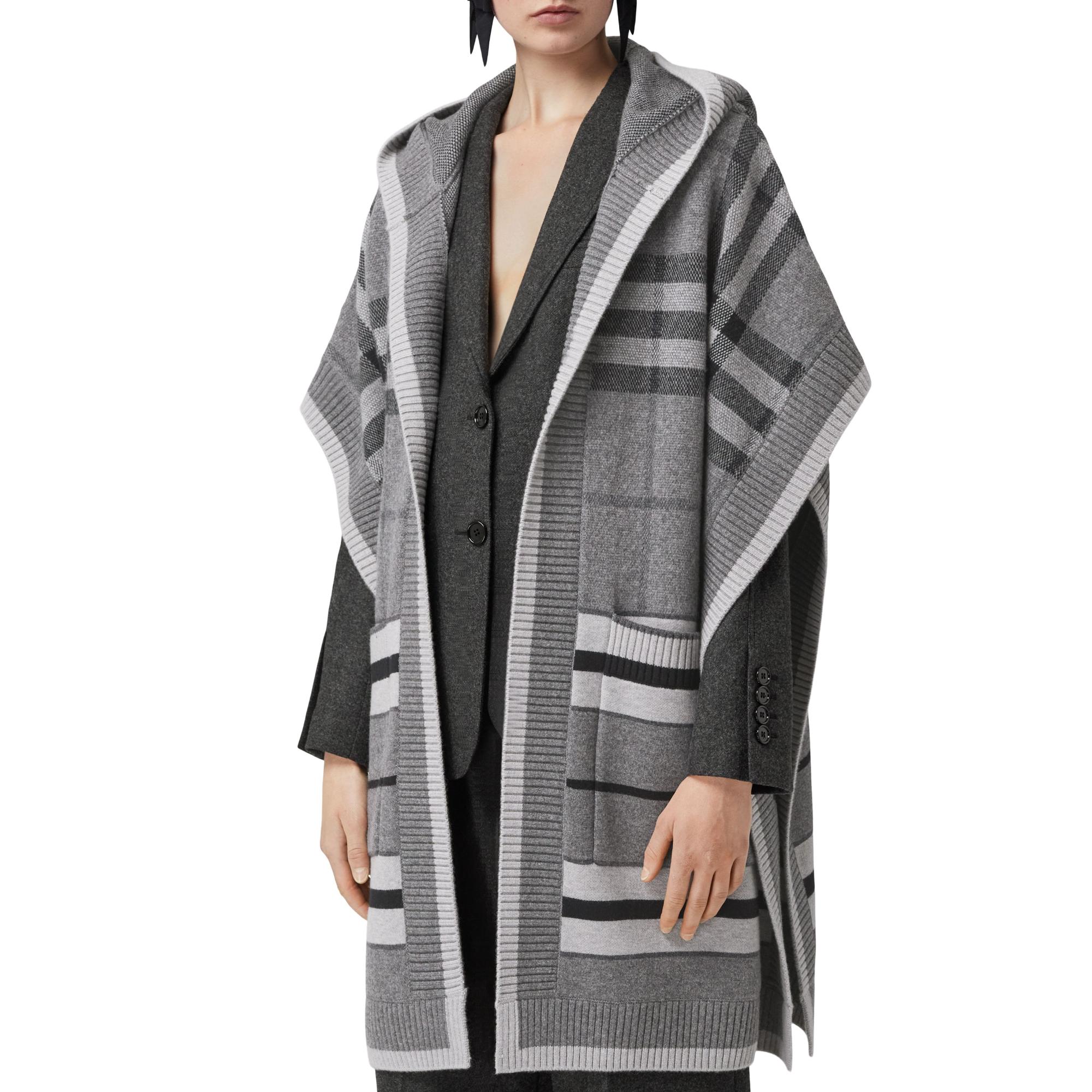 체크 울 캐시미어 블렌드 후드 케이프