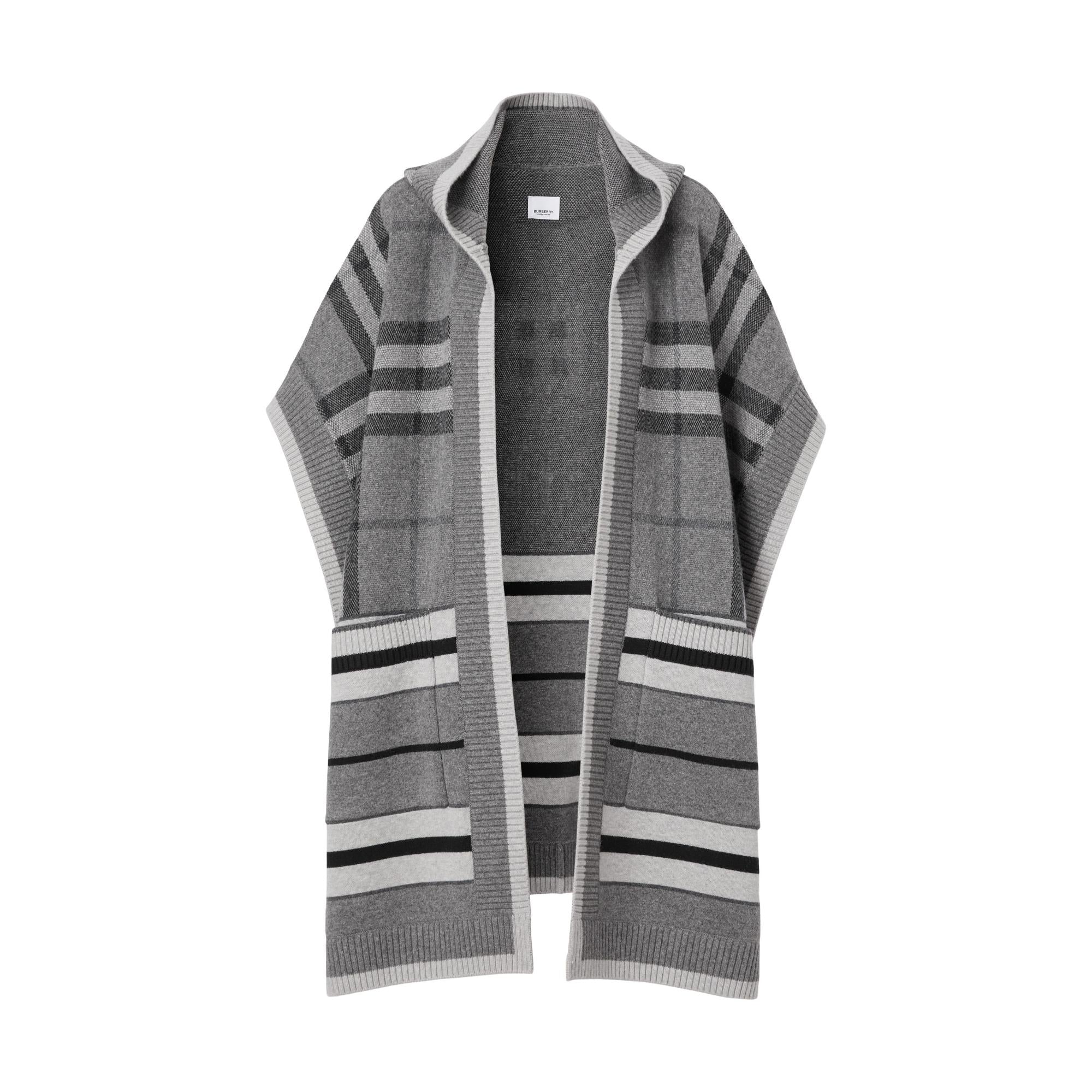 체크 울 캐시미어 블렌드 후드 케이프