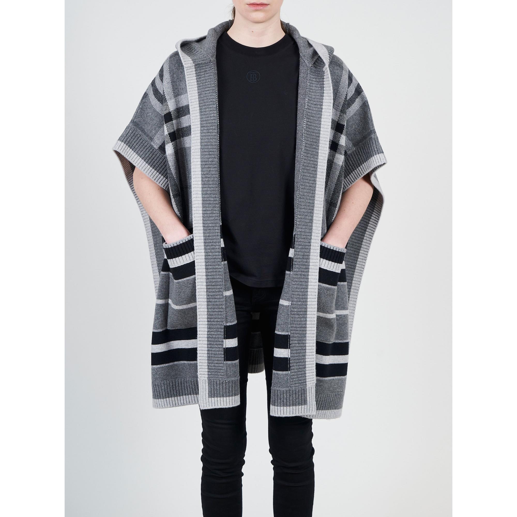 체크 울 캐시미어 블렌드 후드 케이프