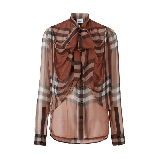 체크 실크 시폰 리본 블라우스