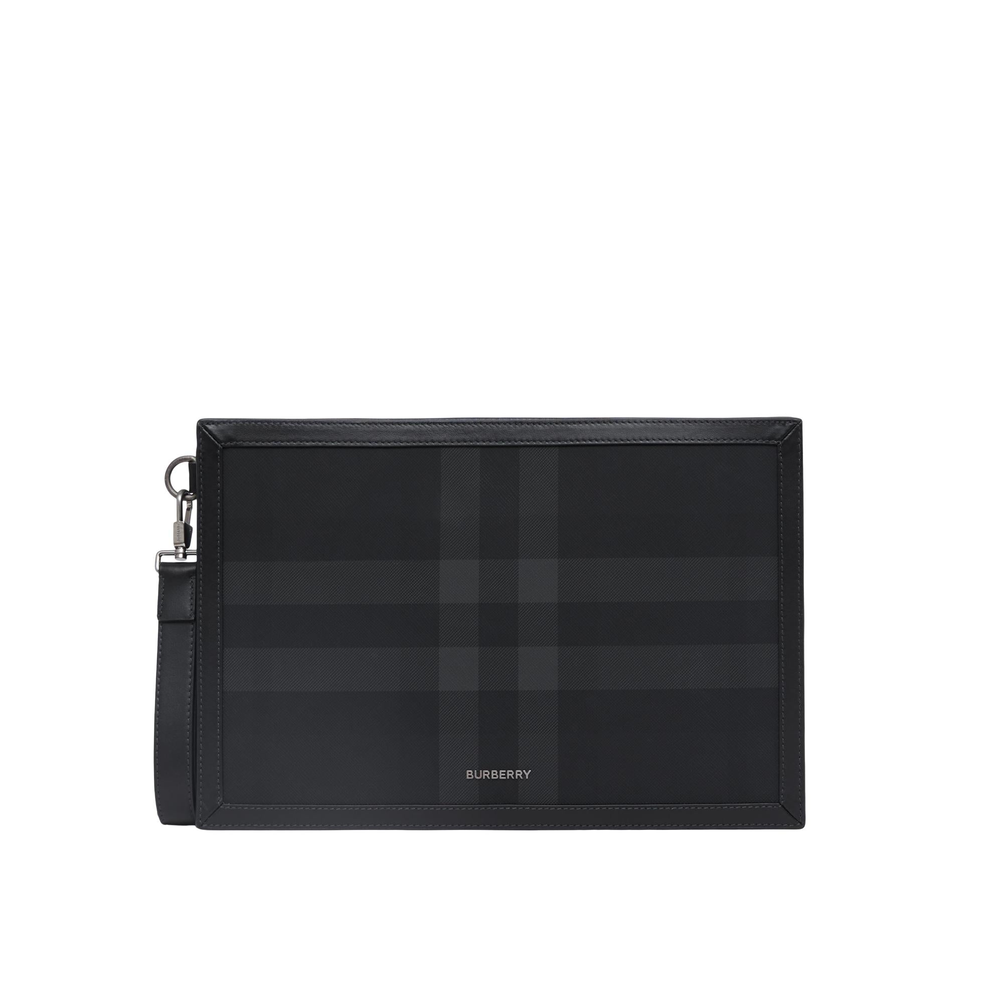 차콜 체크 레더 지퍼 파우치