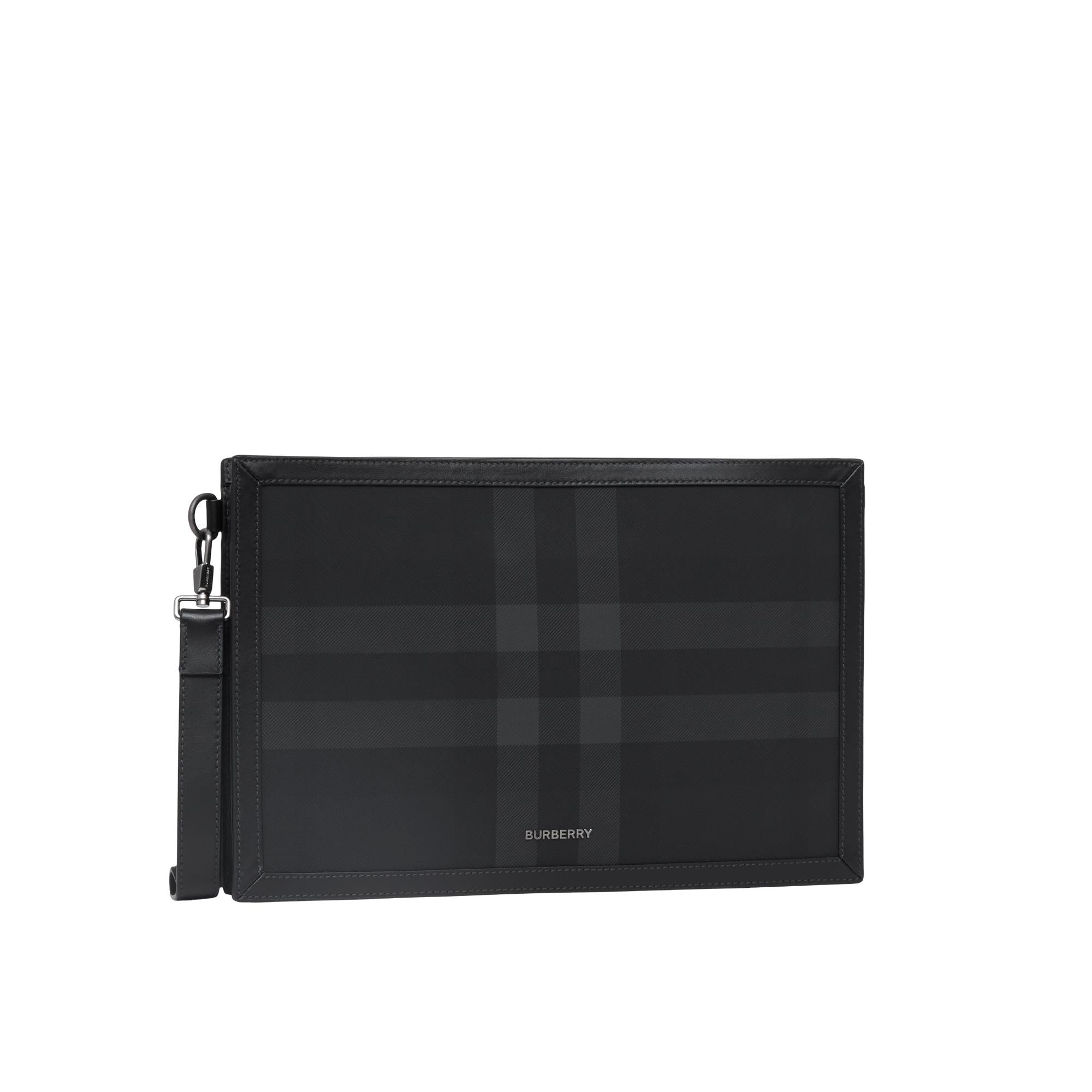 차콜 체크 레더 지퍼 파우치