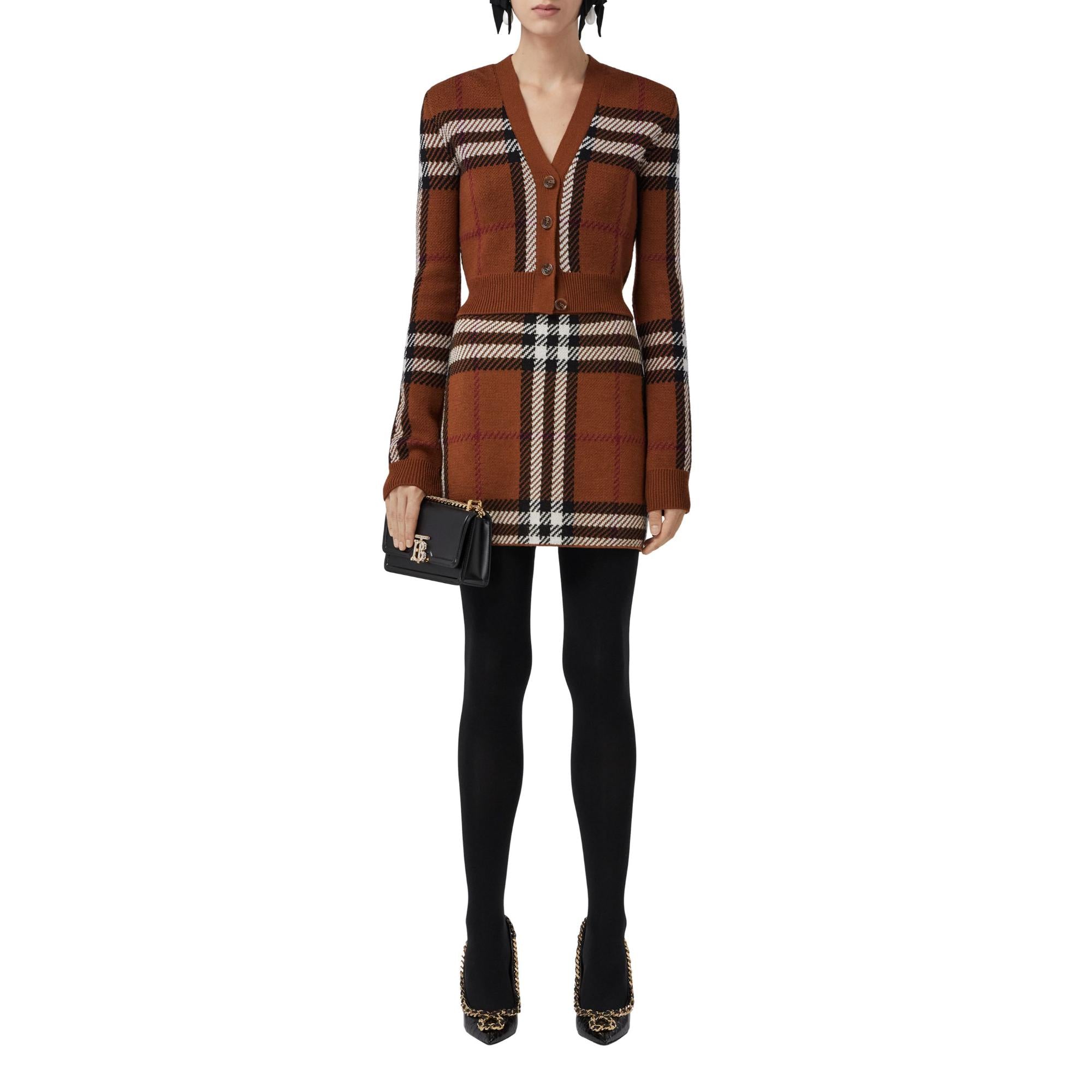 체크 울 자카드 크롭 카디건