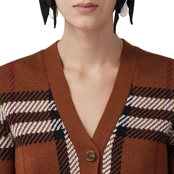 체크 울 자카드 크롭 카디건