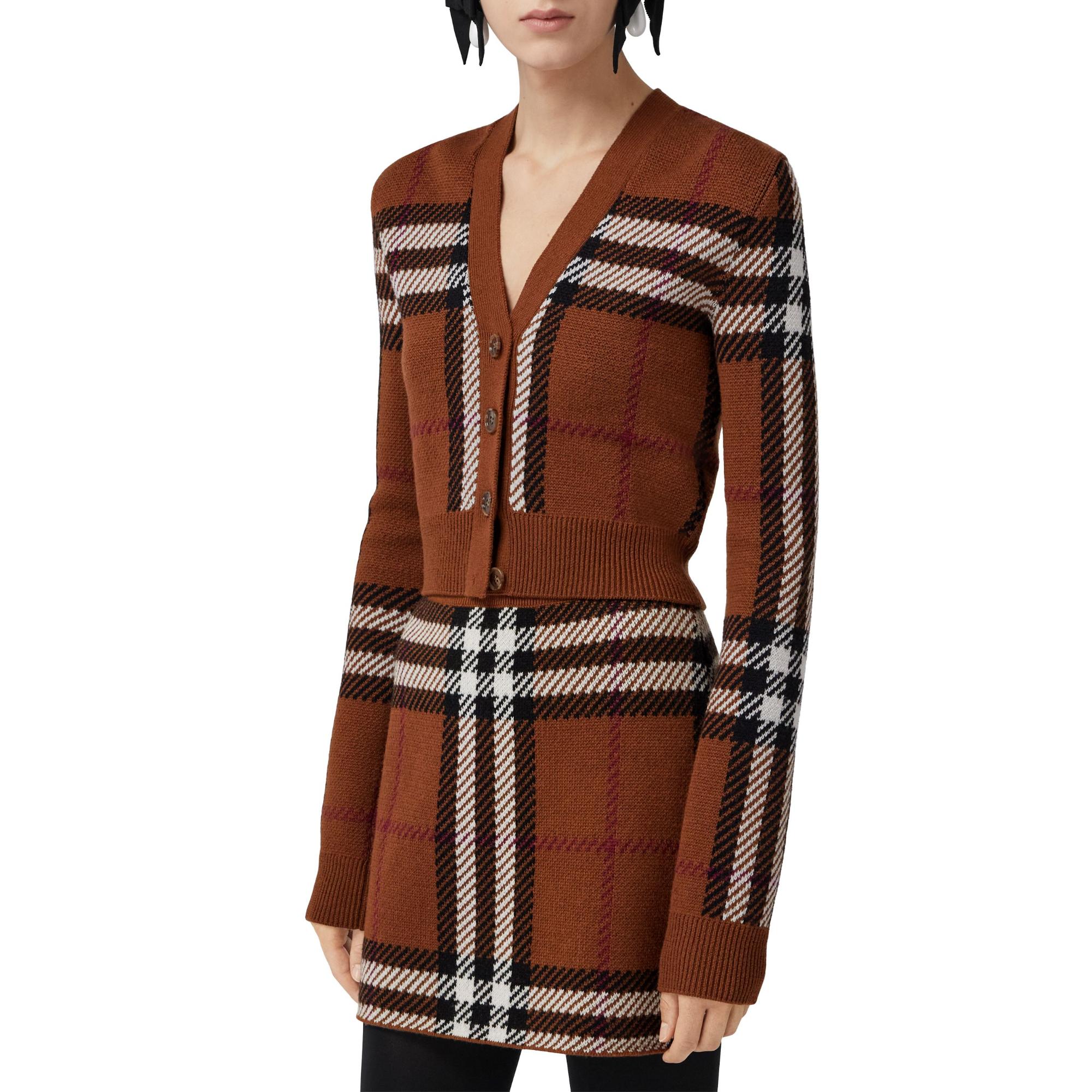 체크 울 자카드 크롭 카디건