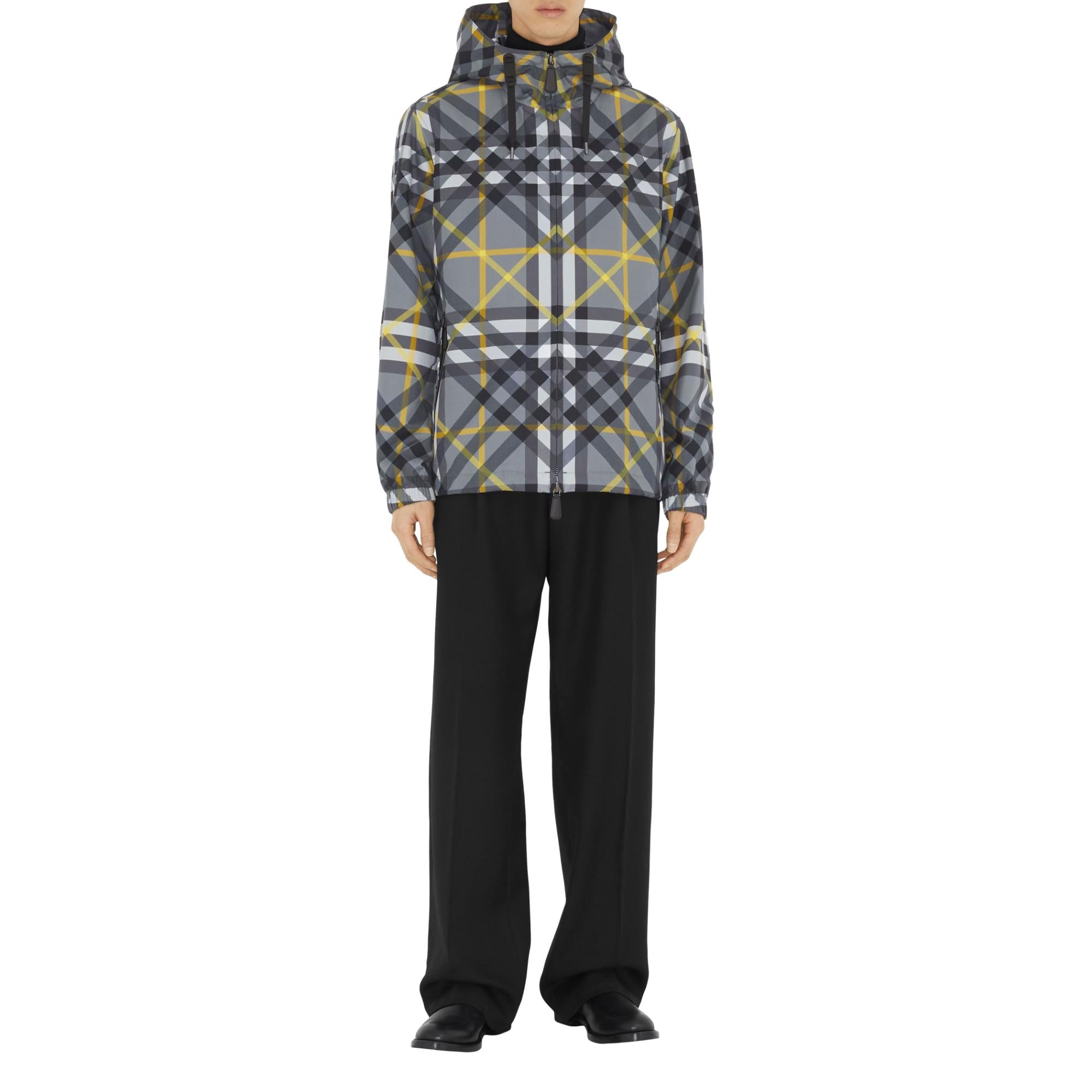 레이어드 체크 개버딘 후드 재킷