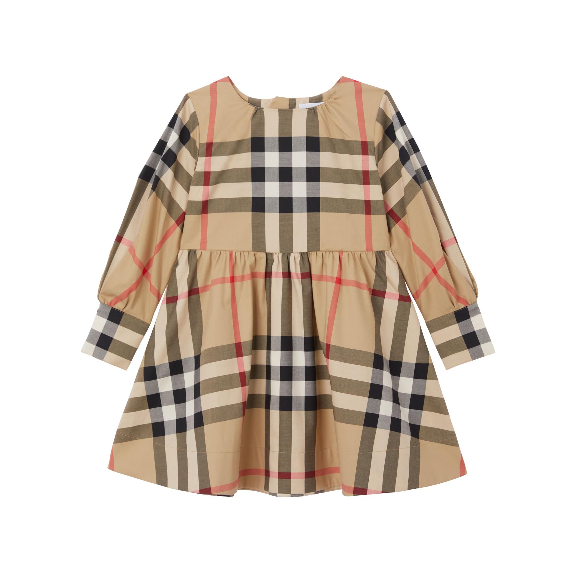 롱 슬리브 체크 스트레치 코튼 드레스