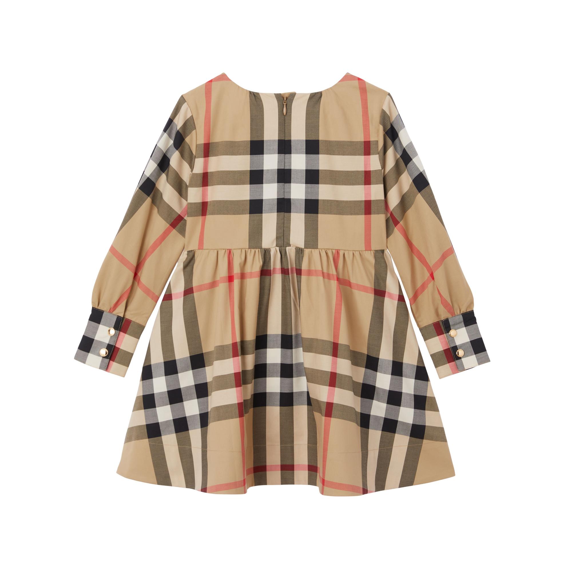 롱 슬리브 체크 스트레치 코튼 드레스