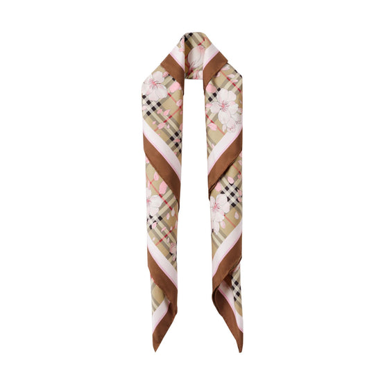 플로럴 체크 프린트 실크 스퀘어 스카프