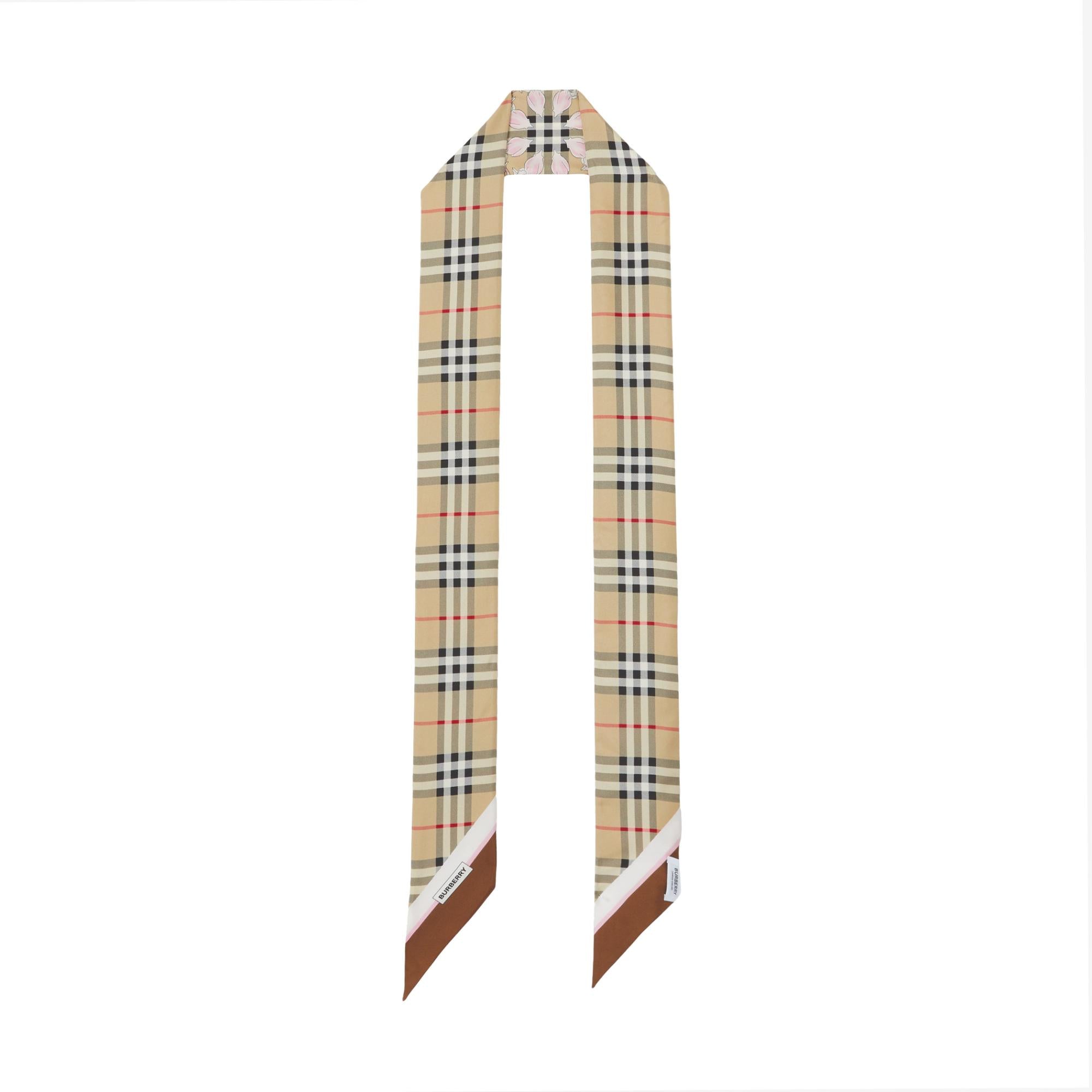 플로럴 체크 프린트 실크 스키니 스카프