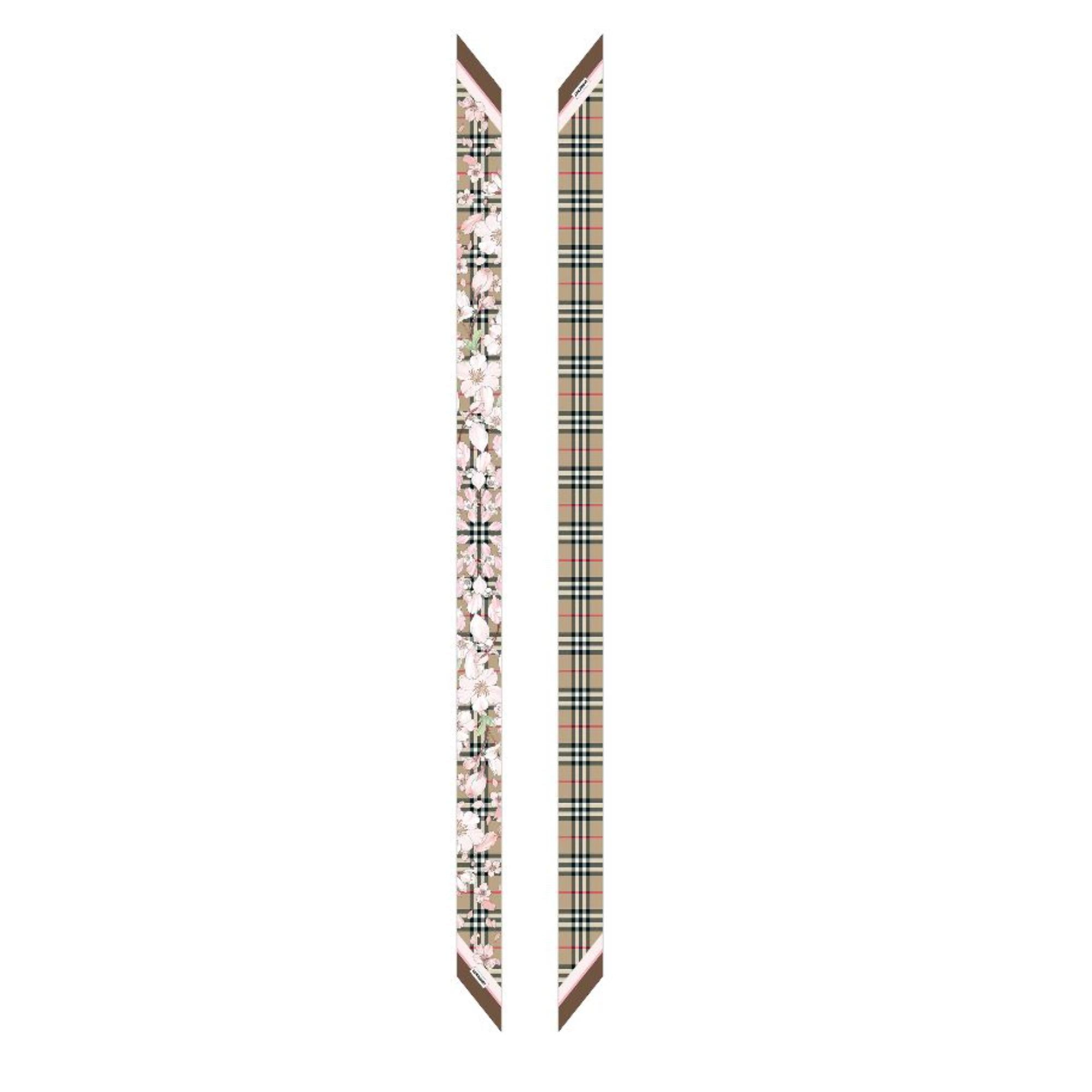 플로럴 체크 프린트 실크 스키니 스카프