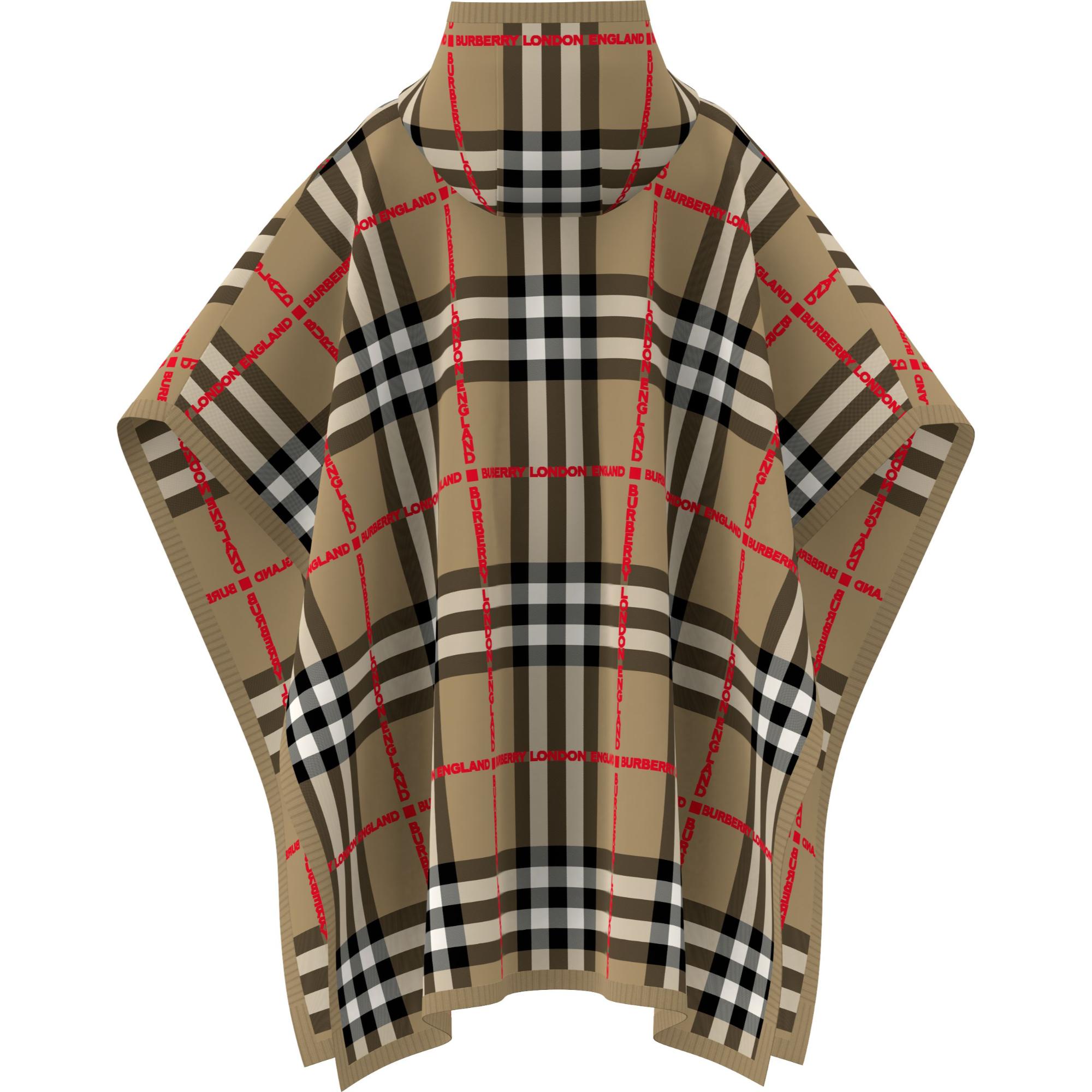 체크 울 캐시미어 후드 케이프