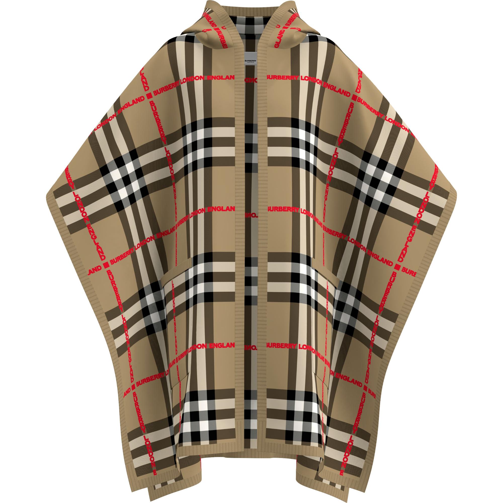 체크 울 캐시미어 후드 케이프