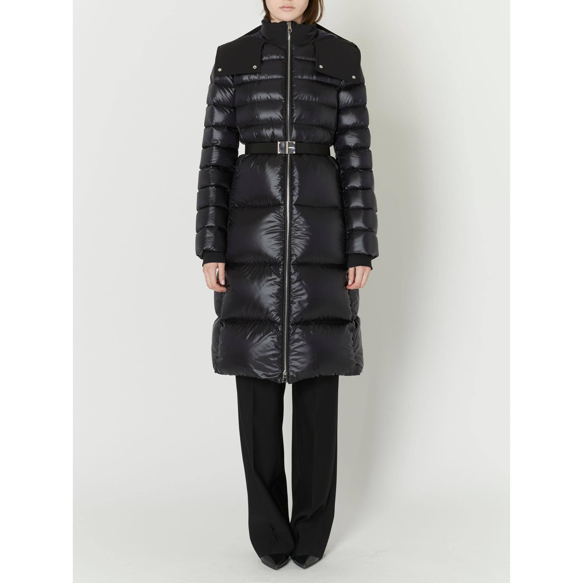 컨트라스트 후드 나일론 미드 렝스 퍼퍼 코트