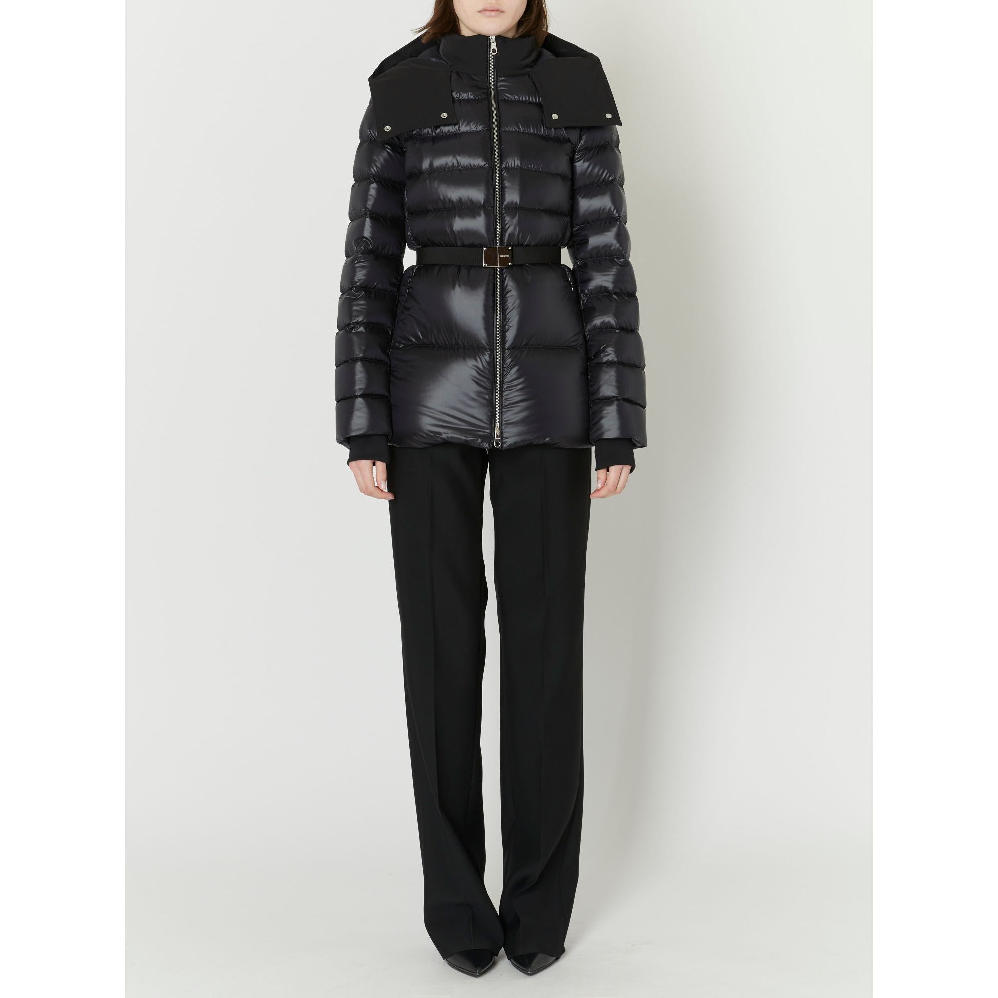 컨트라스트 후드 나일론 벨트 퍼퍼 재킷