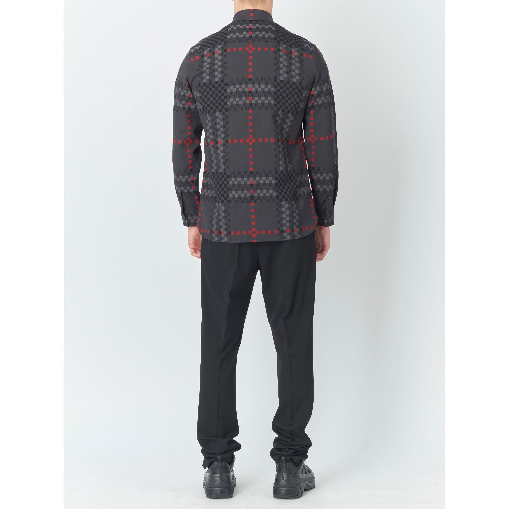 픽셀 체크 울 코튼 블렌드 지퍼 프런트 셔츠