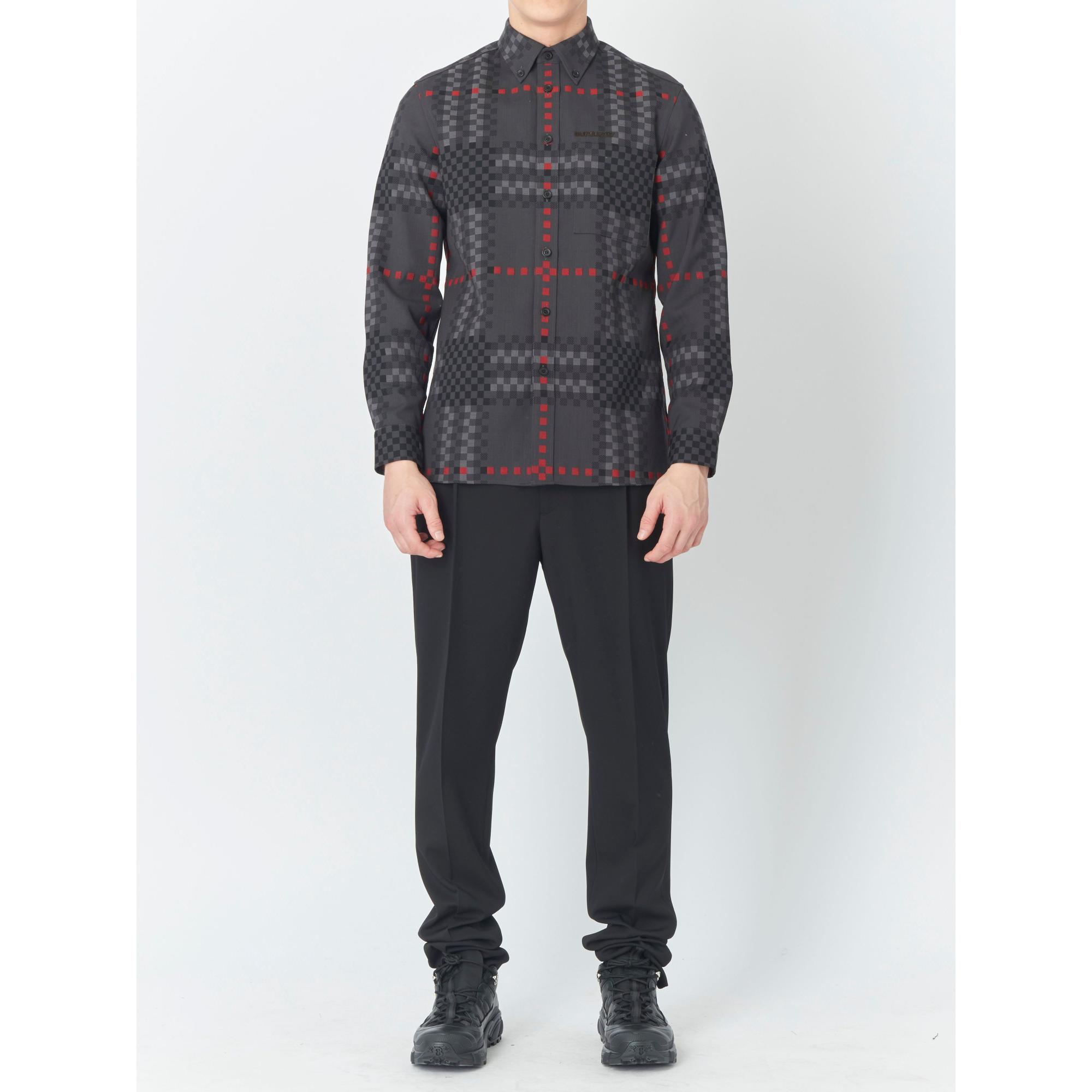 픽셀 체크 울 코튼 블렌드 지퍼 프런트 셔츠