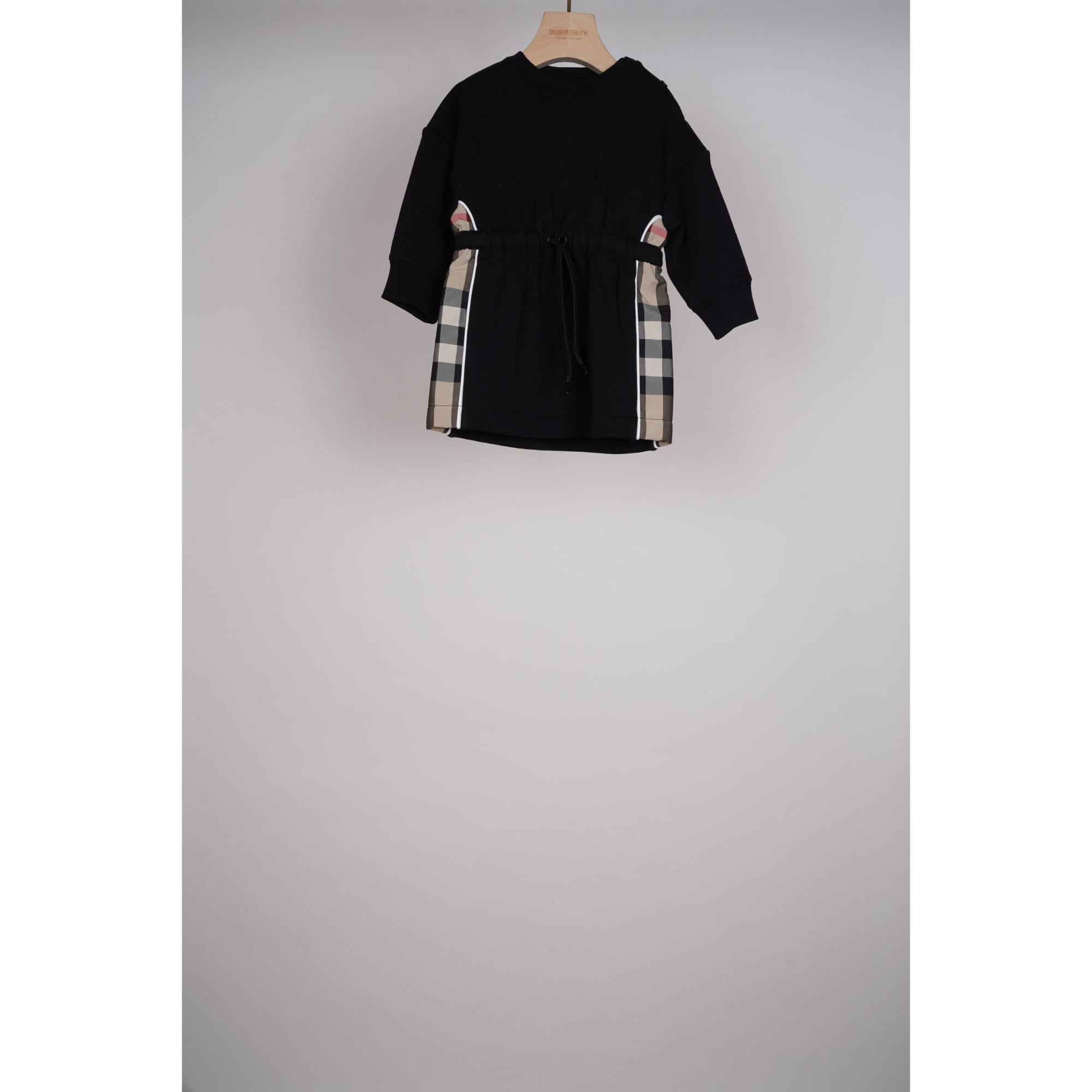 롱 슬리브 체크 패널 코튼 드레스