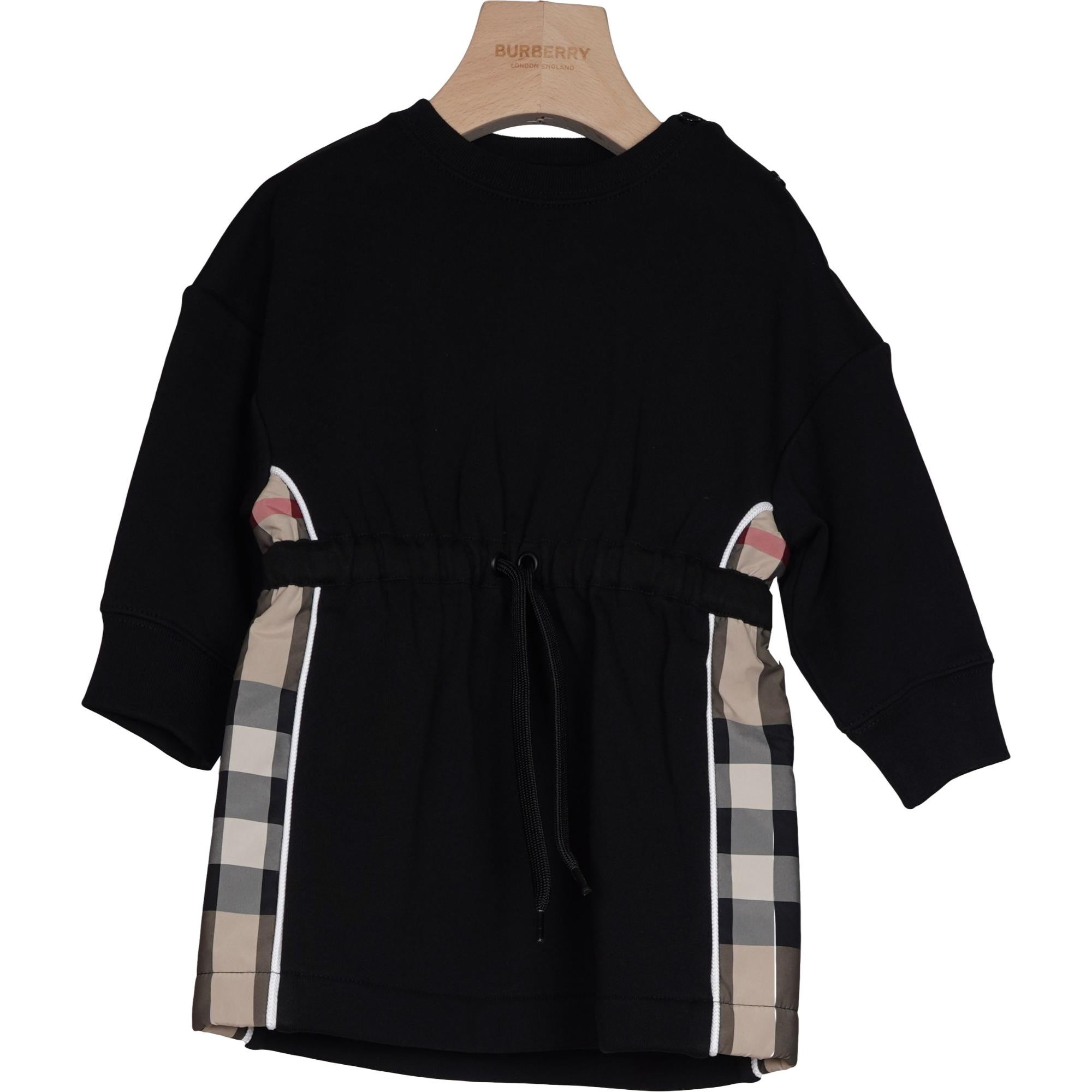 롱 슬리브 체크 패널 코튼 드레스