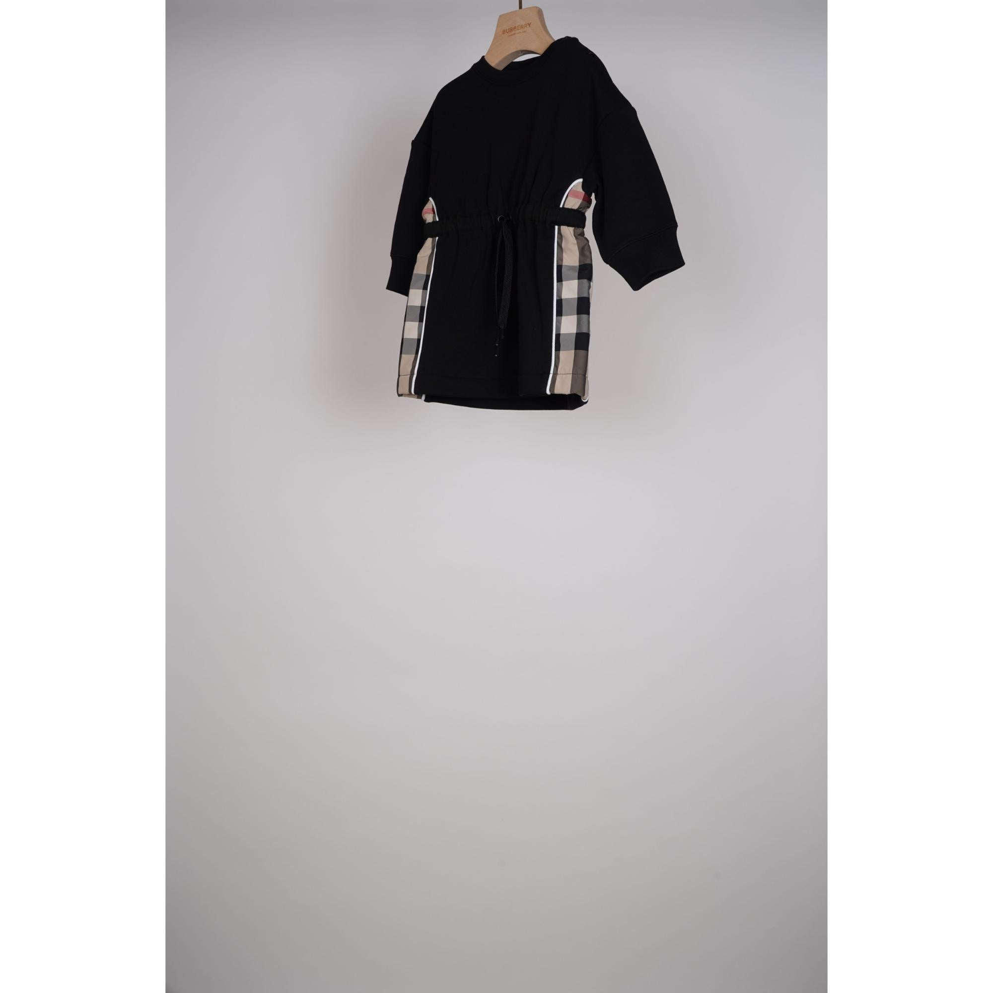 롱 슬리브 체크 패널 코튼 드레스