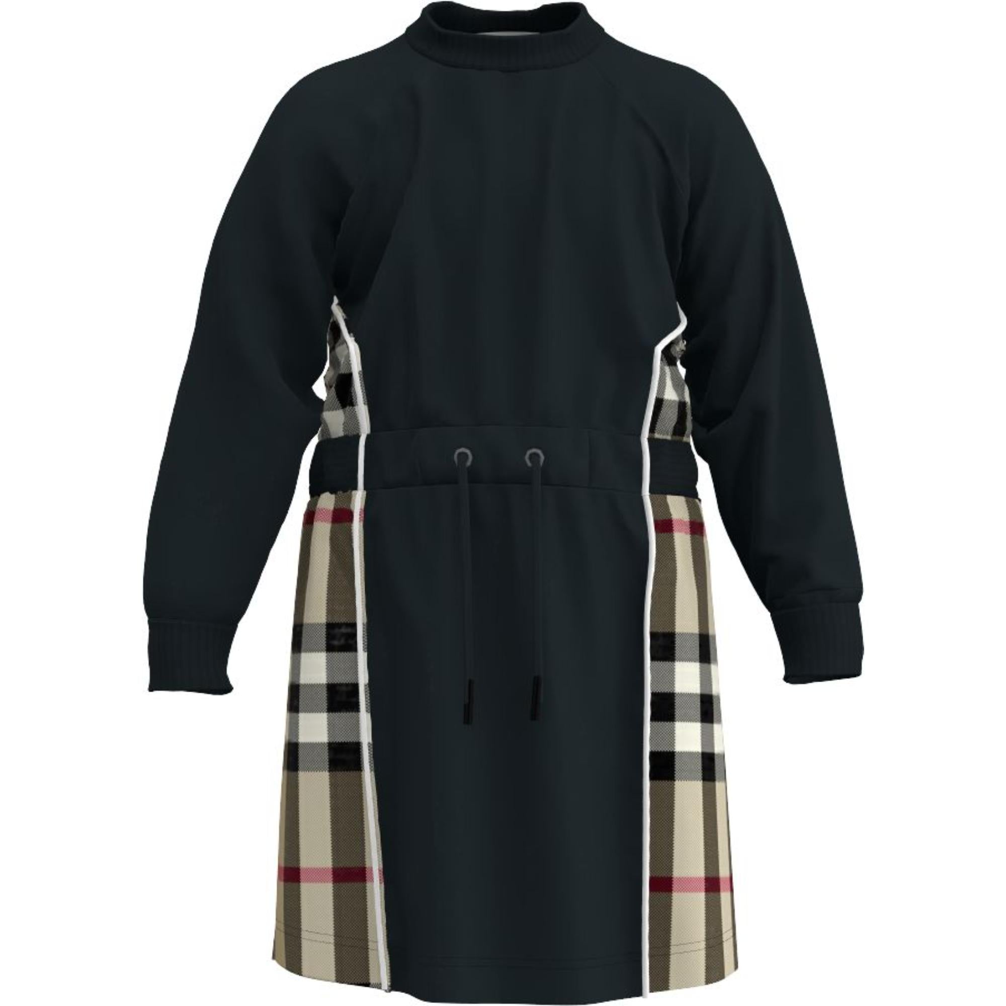 롱 슬리브 체크 패널 코튼 드레스