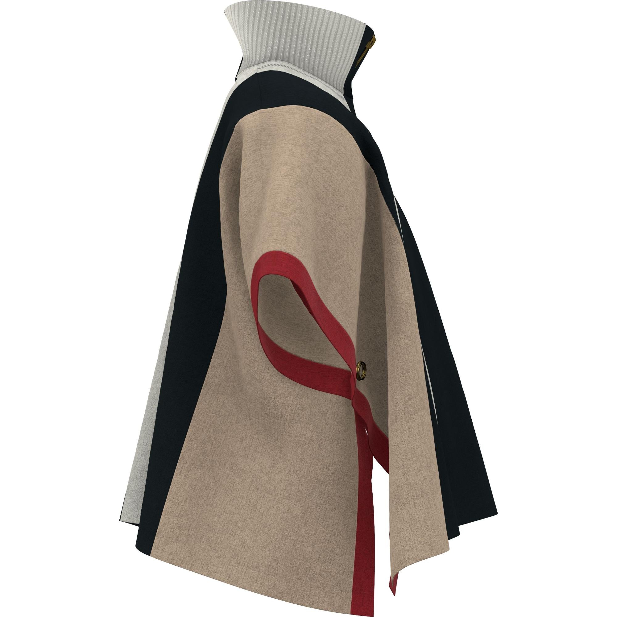 스트라이프 울 지퍼 프런트 케이프