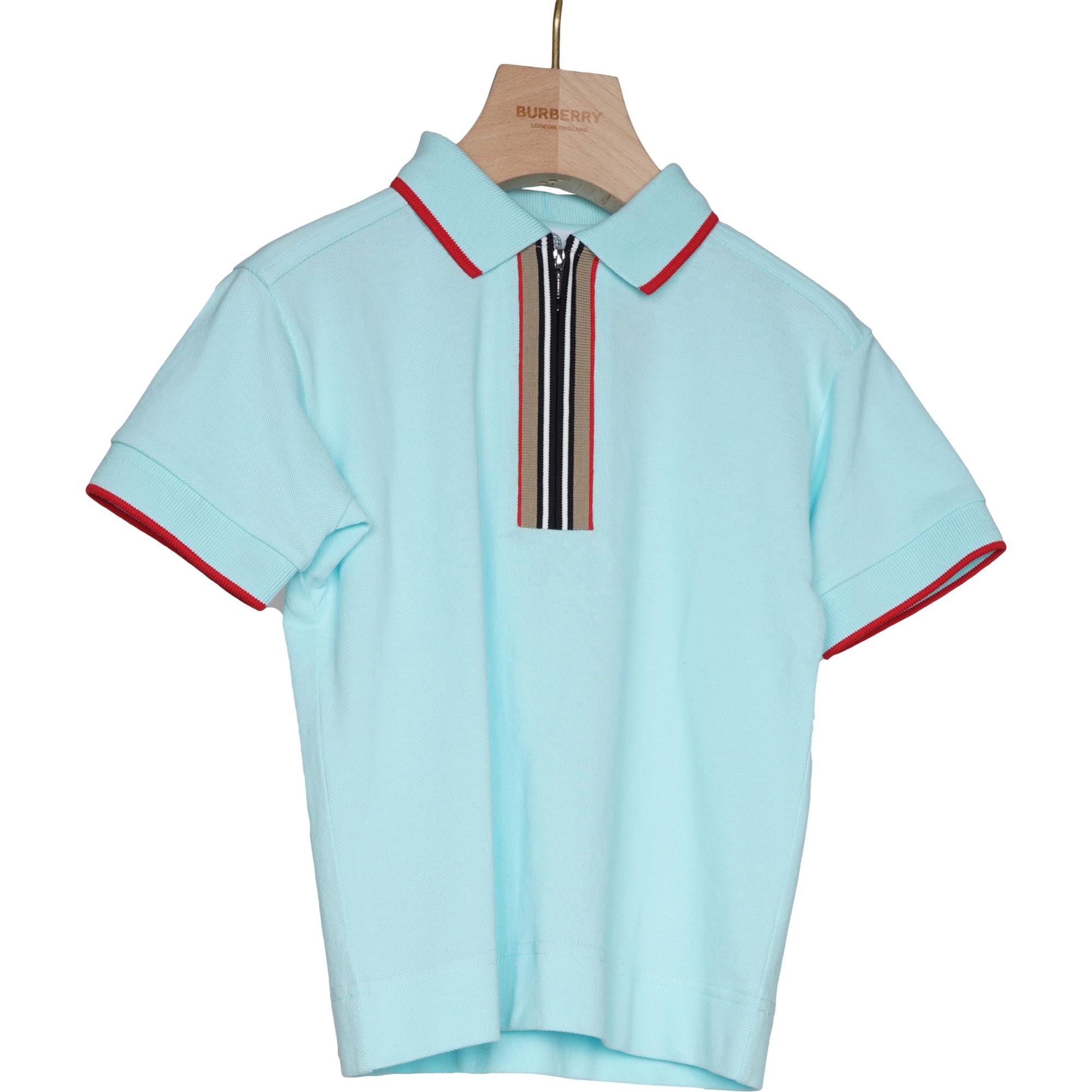 아이콘 스트라이프 디테일 코튼 지퍼 프런트 폴로셔츠