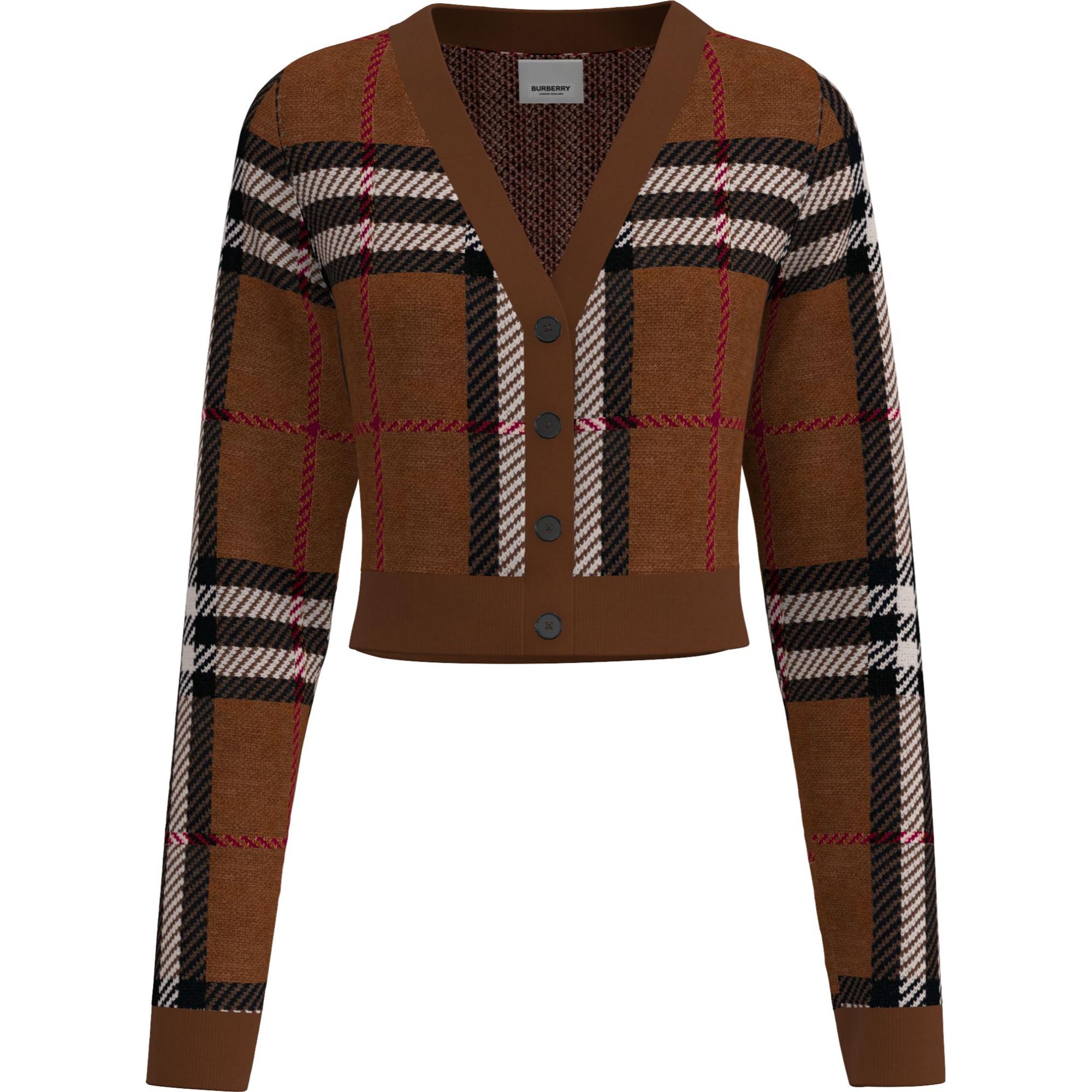 체크 울 자카드 크롭 카디건