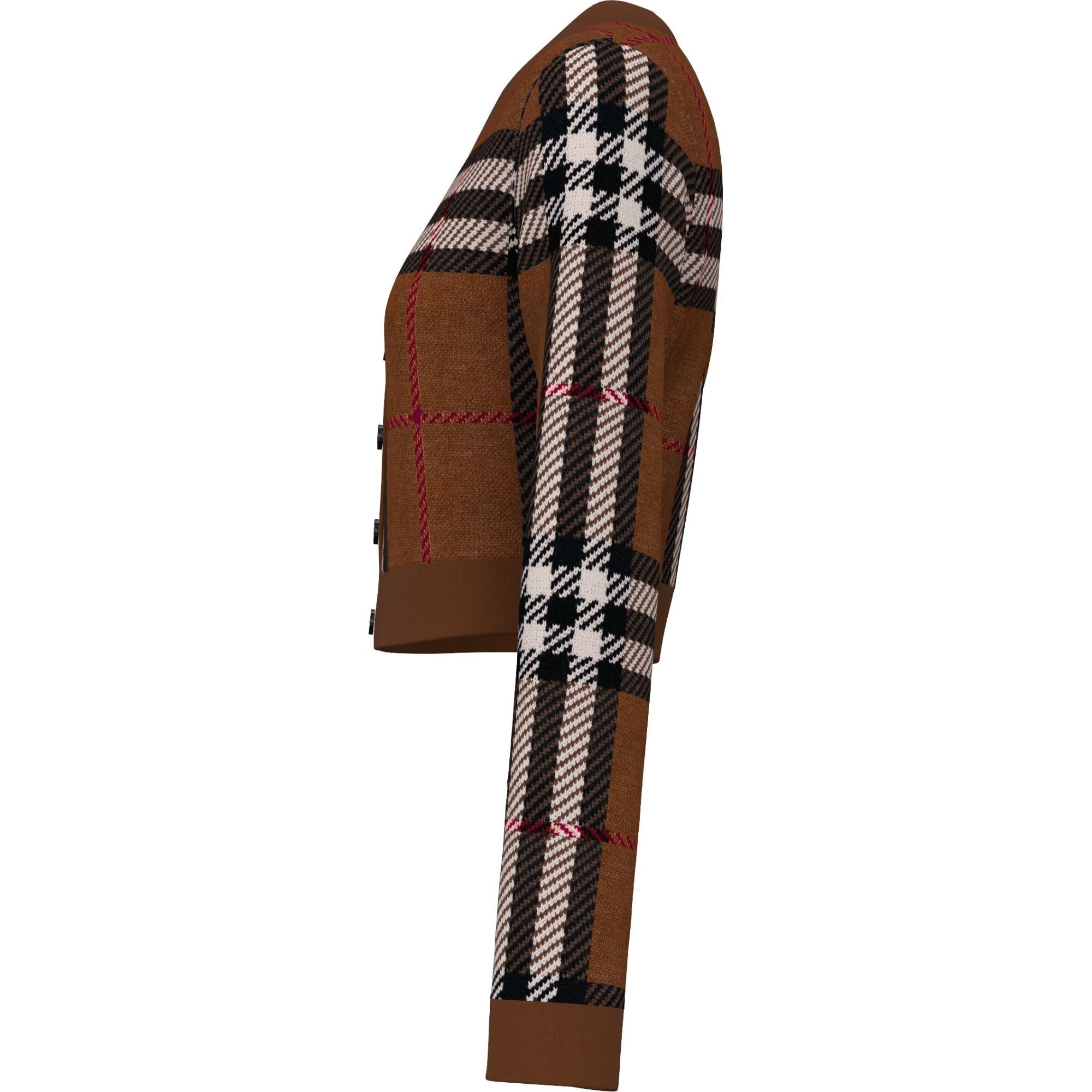 체크 울 자카드 크롭 카디건