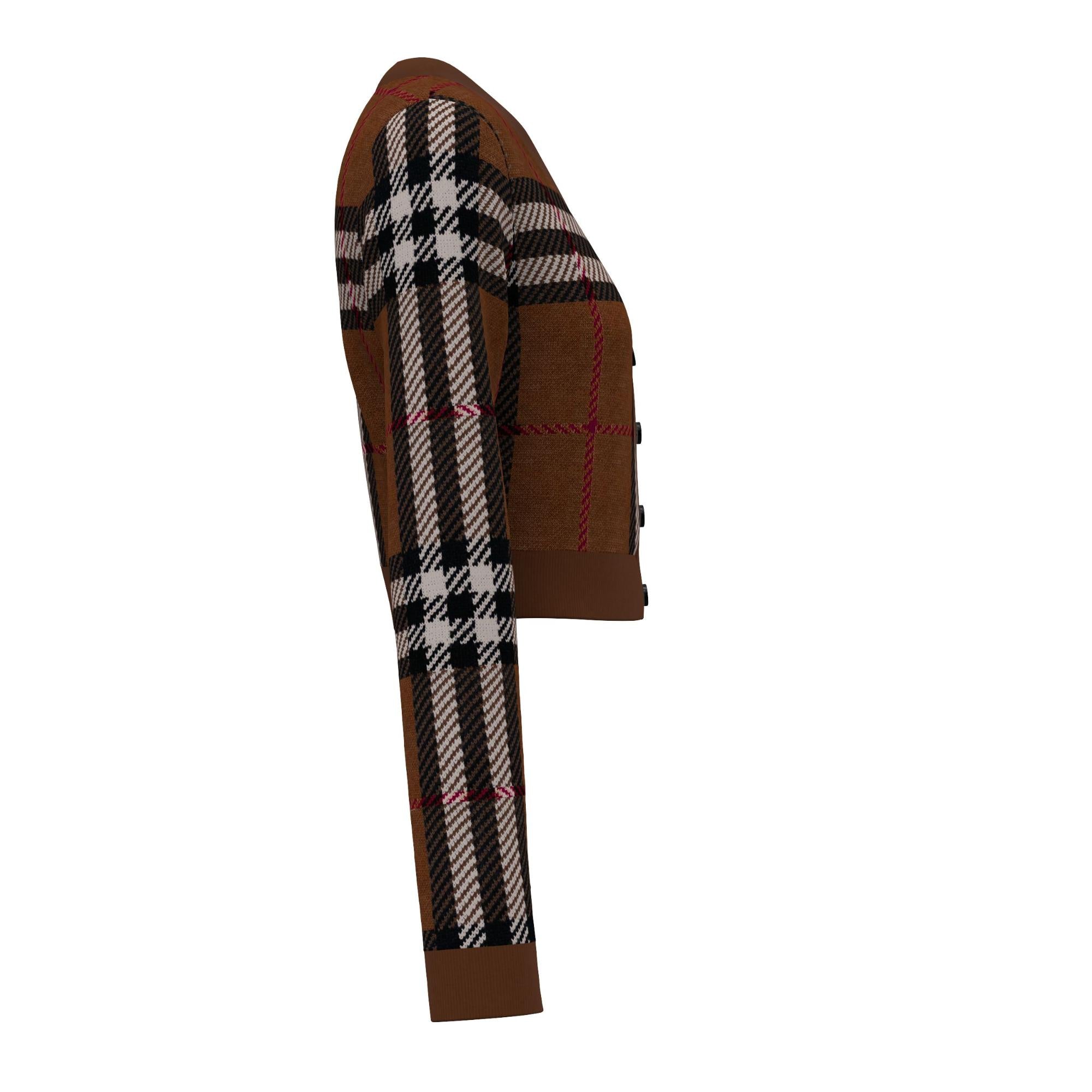 체크 울 자카드 크롭 카디건