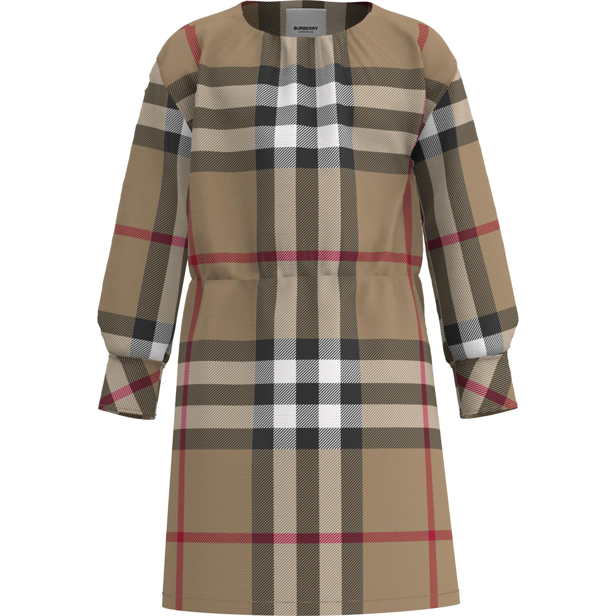 롱 슬리브 체크 스트레치 코튼 드레스