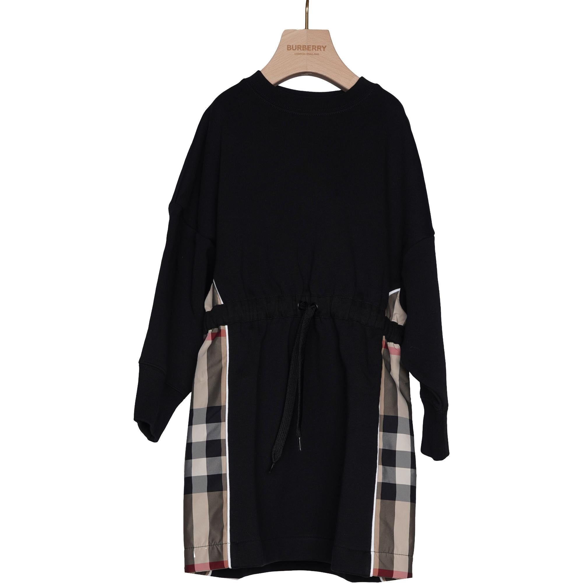 롱 슬리브 체크 패널 코튼 드레스