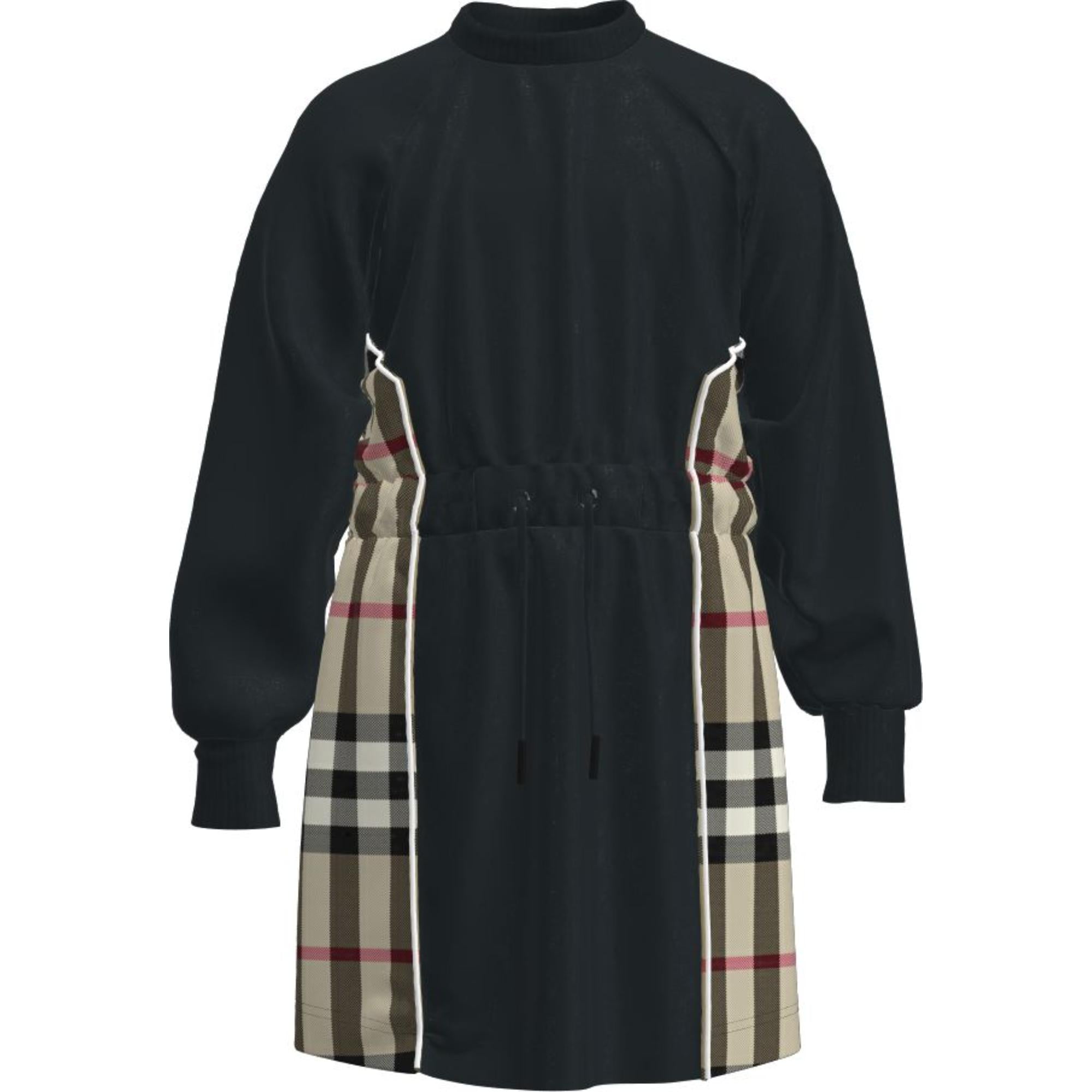 롱 슬리브 체크 패널 코튼 드레스