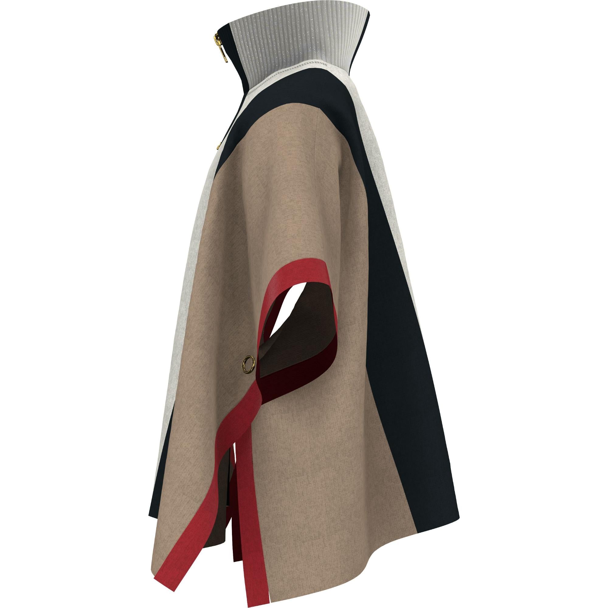 스트라이프 울 지퍼 프런트 케이프