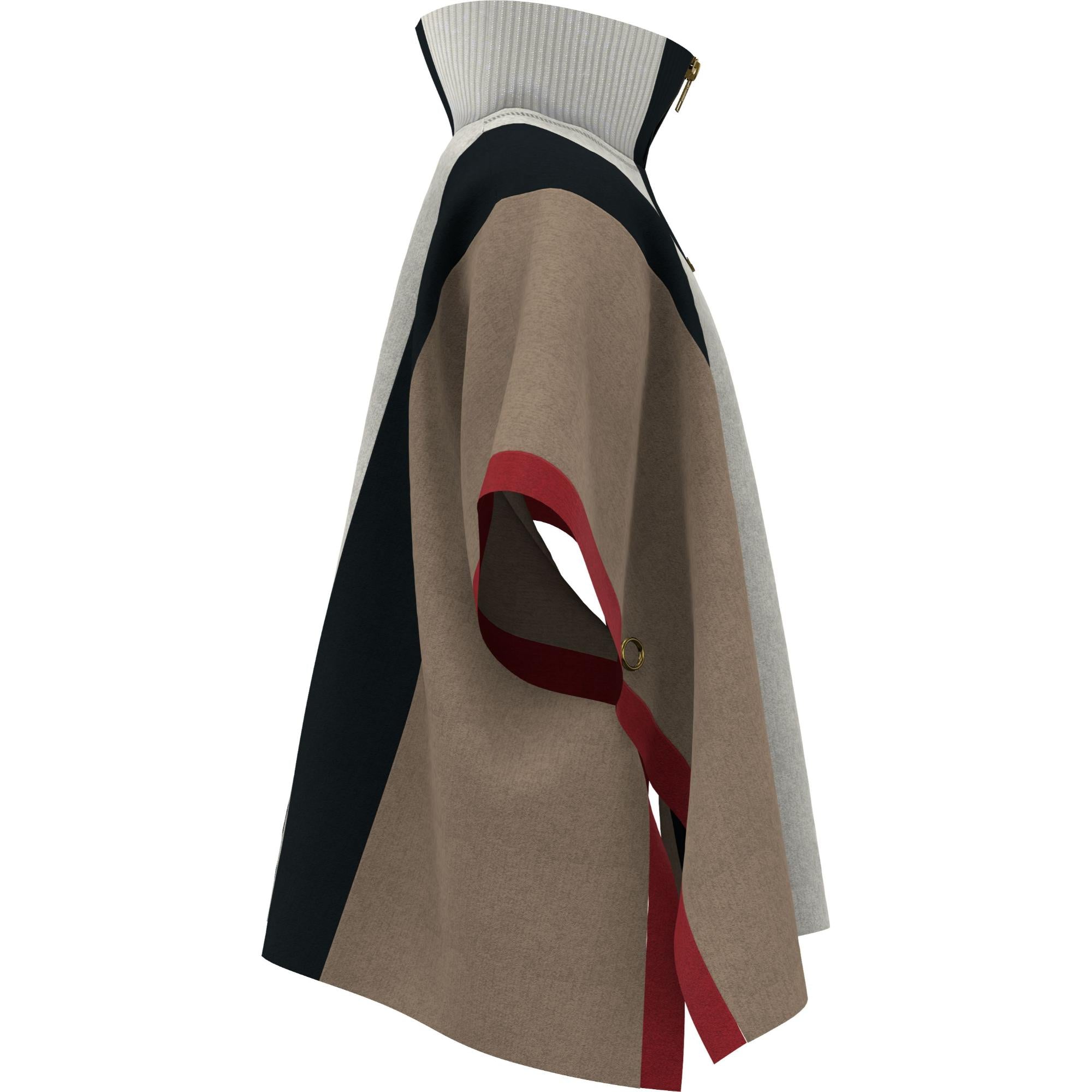 스트라이프 울 지퍼 프런트 케이프