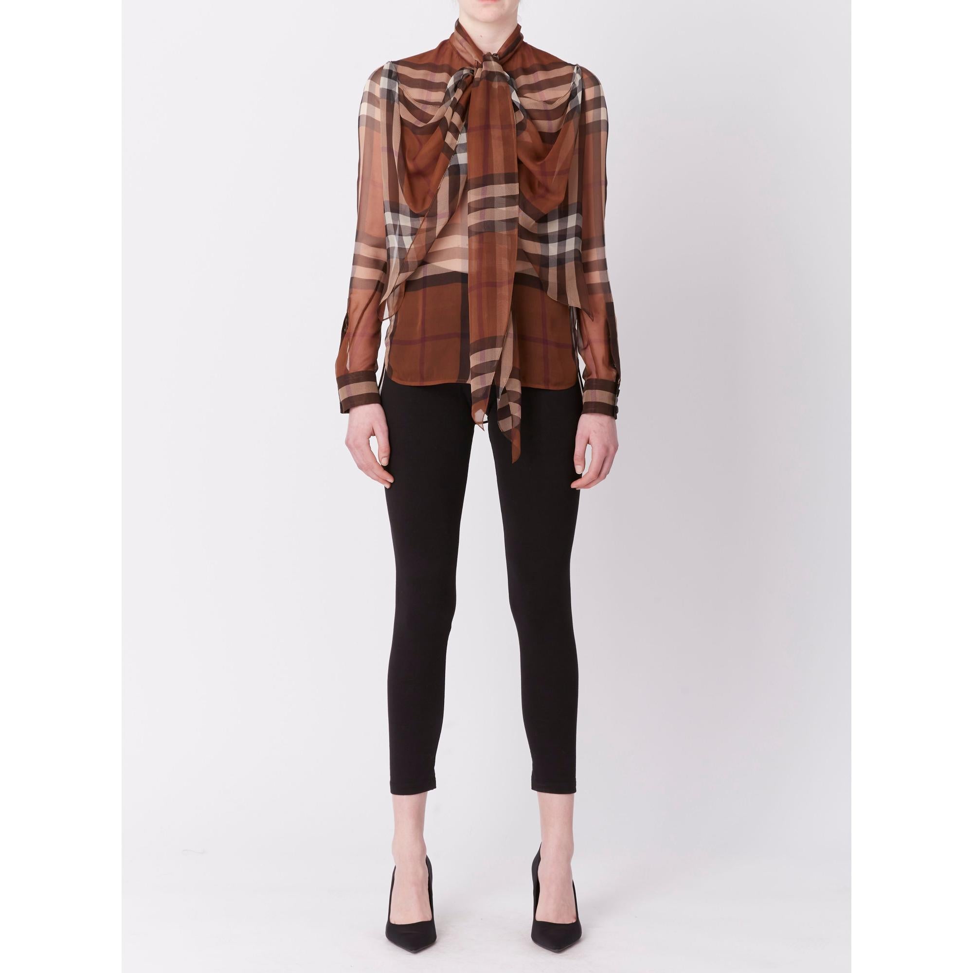 체크 실크 시폰 리본 블라우스