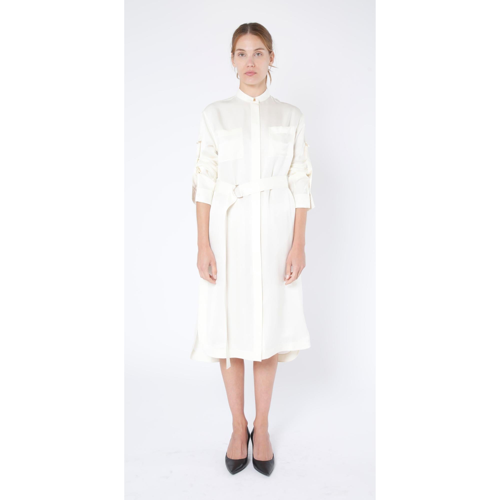 롱 슬리브 D링 디테일 실크 새틴 드레스