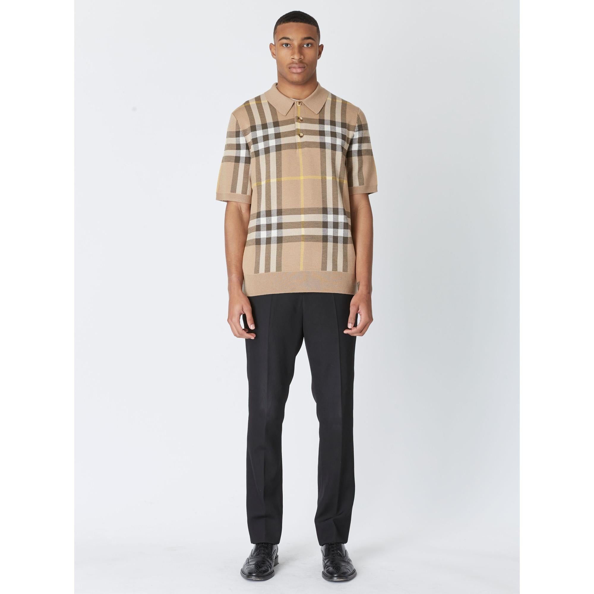 체크 실크 울 자카드 폴로셔츠