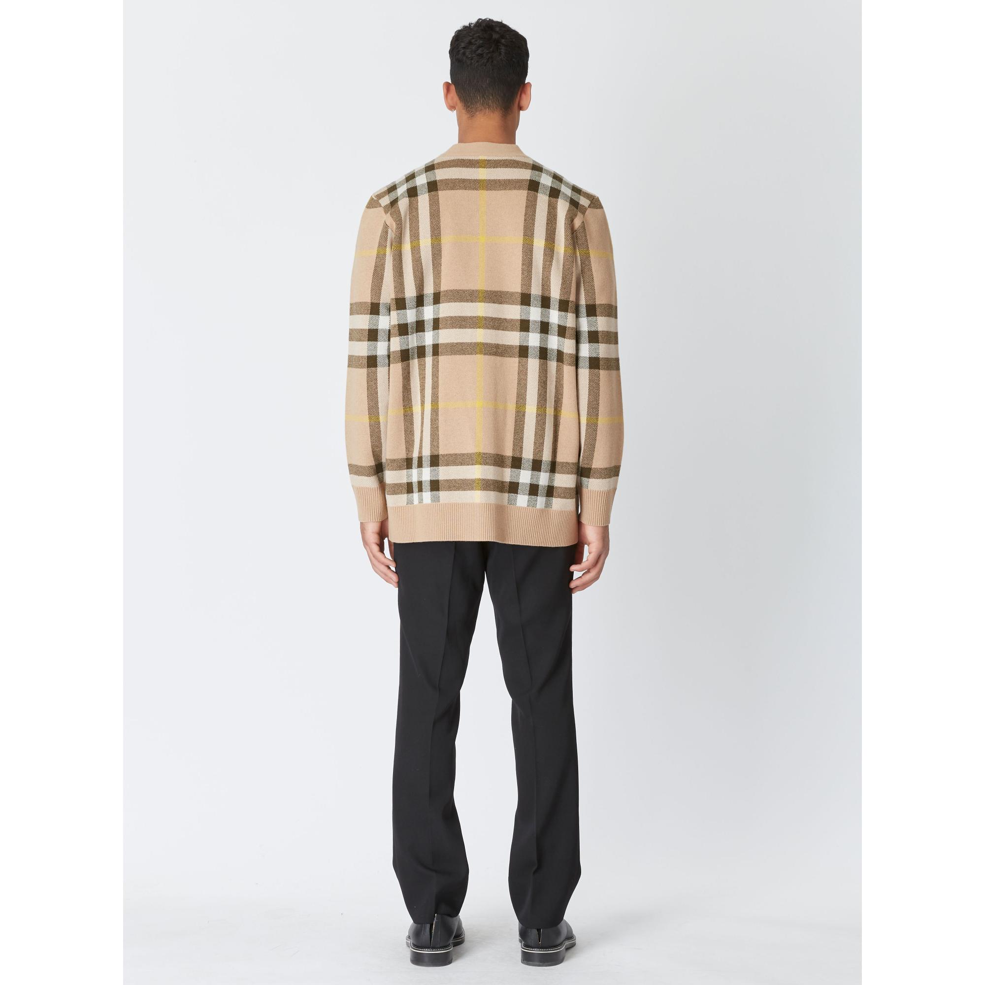 체크 울 캐시미어 자카드 카디건