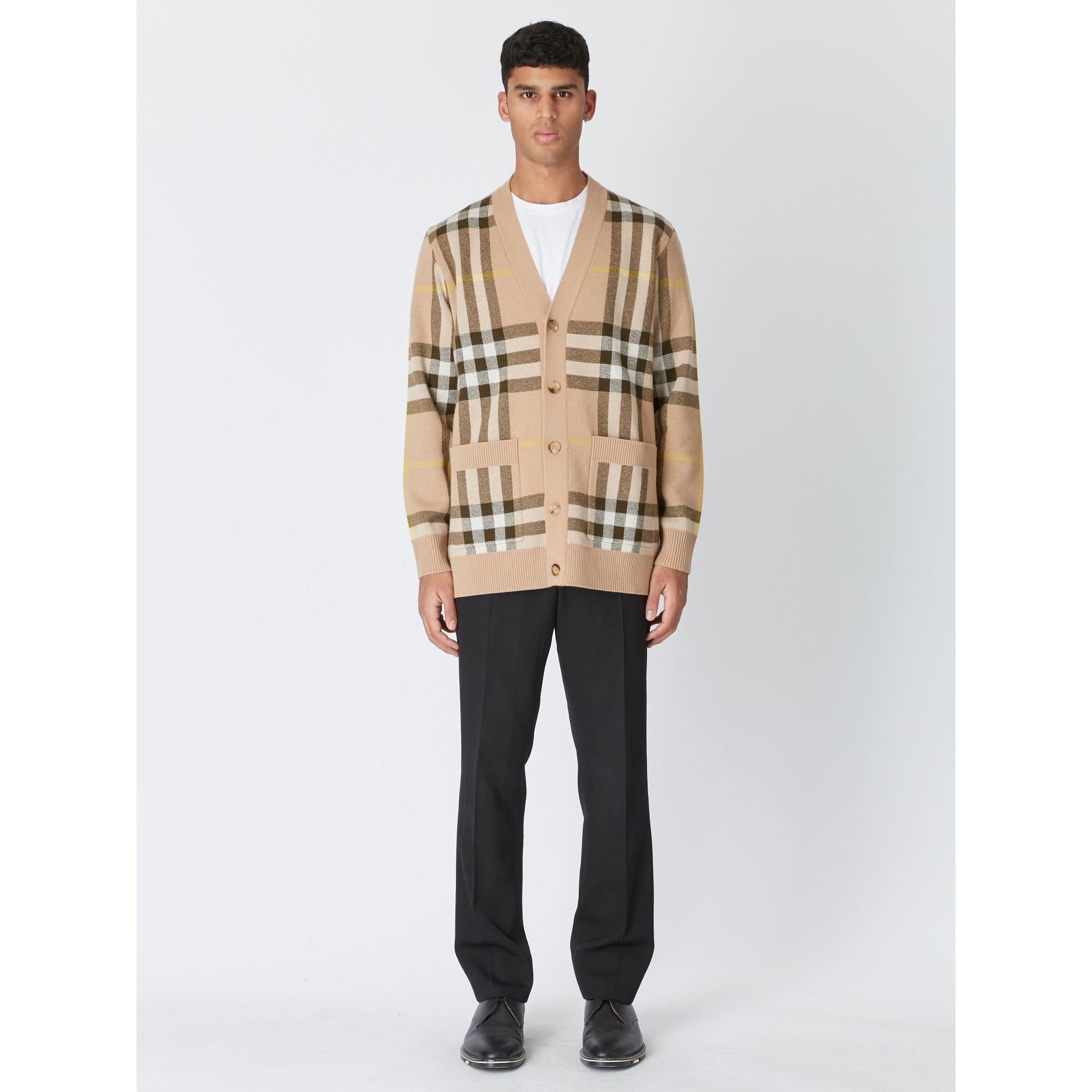 체크 울 캐시미어 자카드 카디건