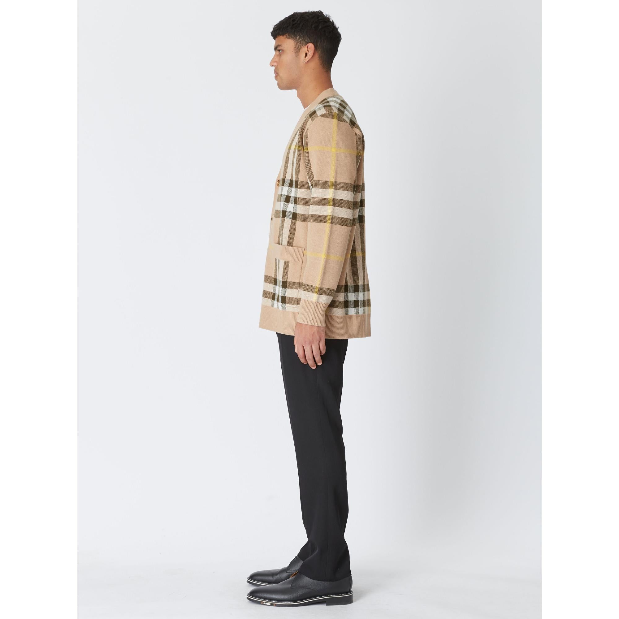 체크 울 캐시미어 자카드 카디건