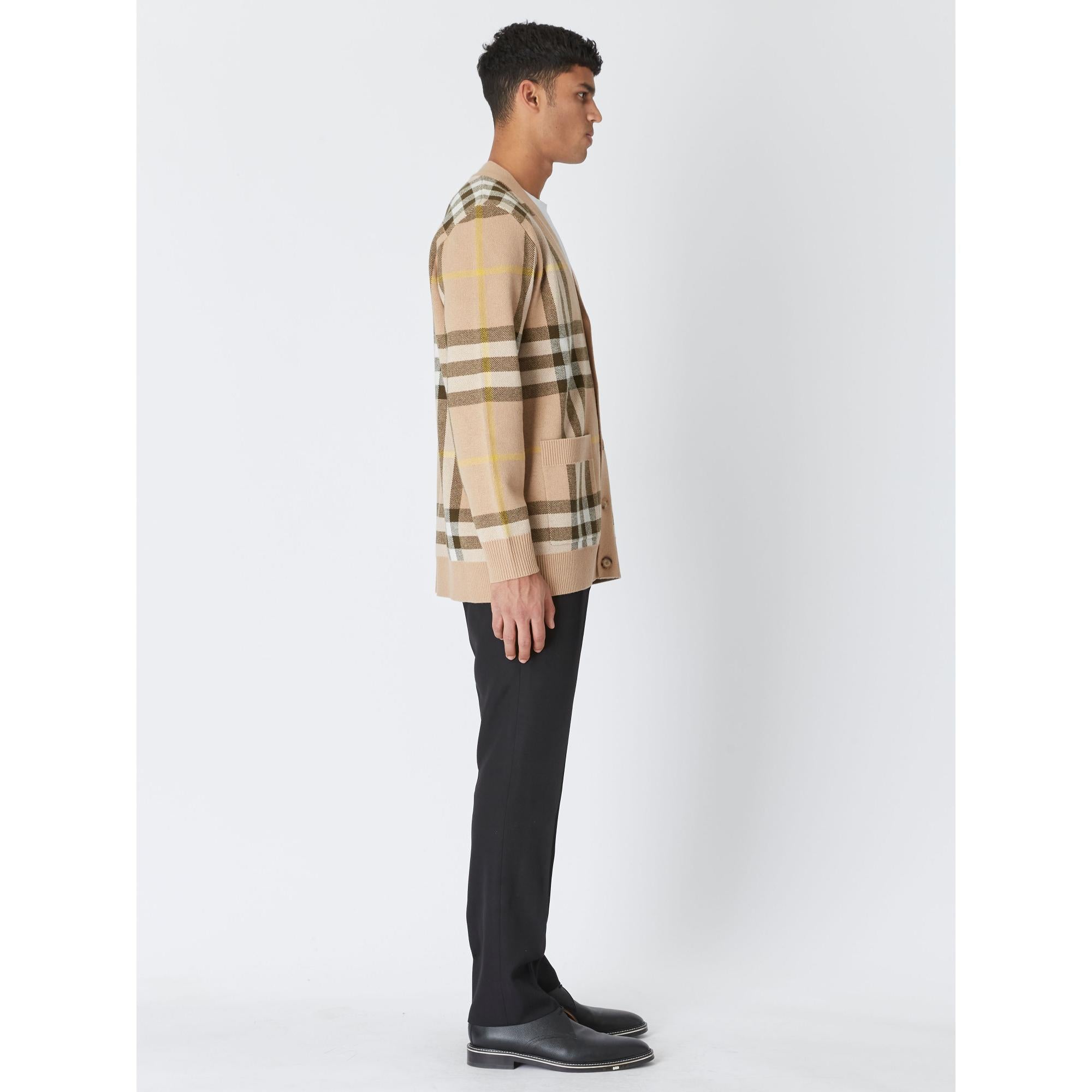 체크 울 캐시미어 자카드 카디건