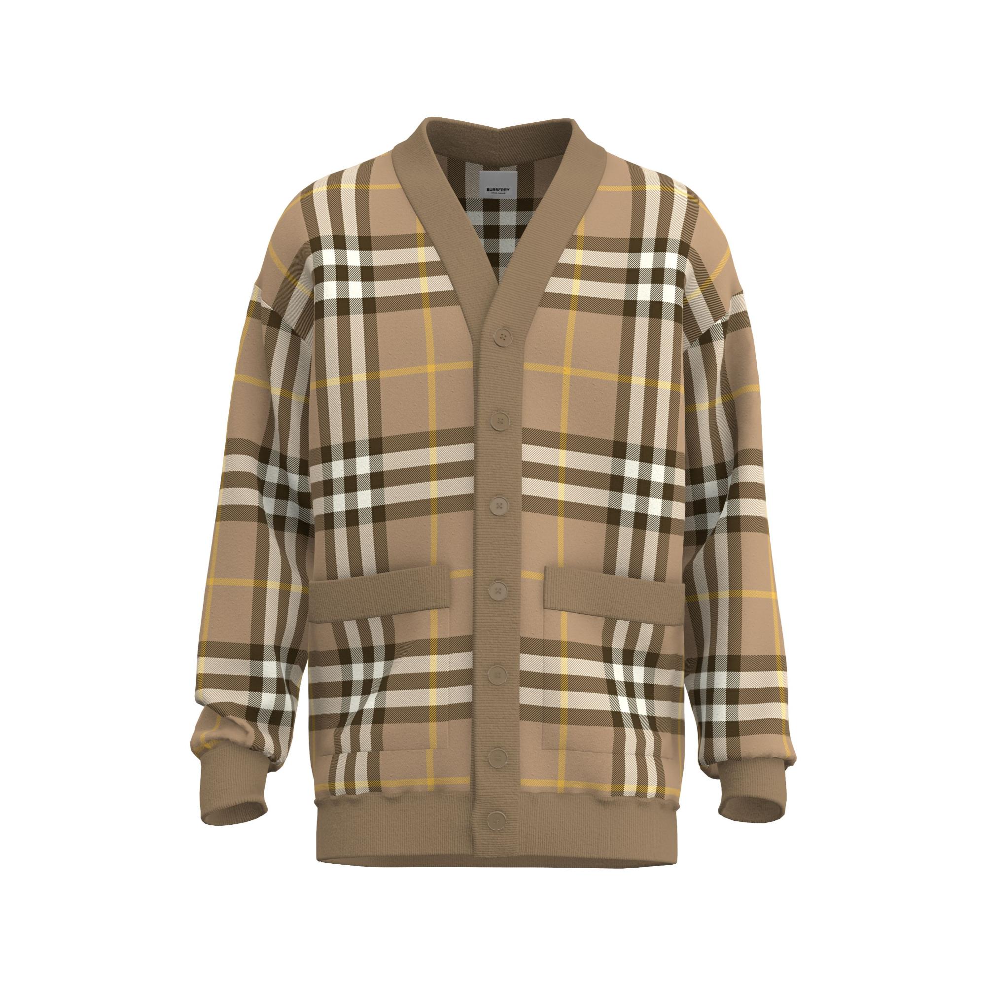 체크 울 캐시미어 자카드 카디건